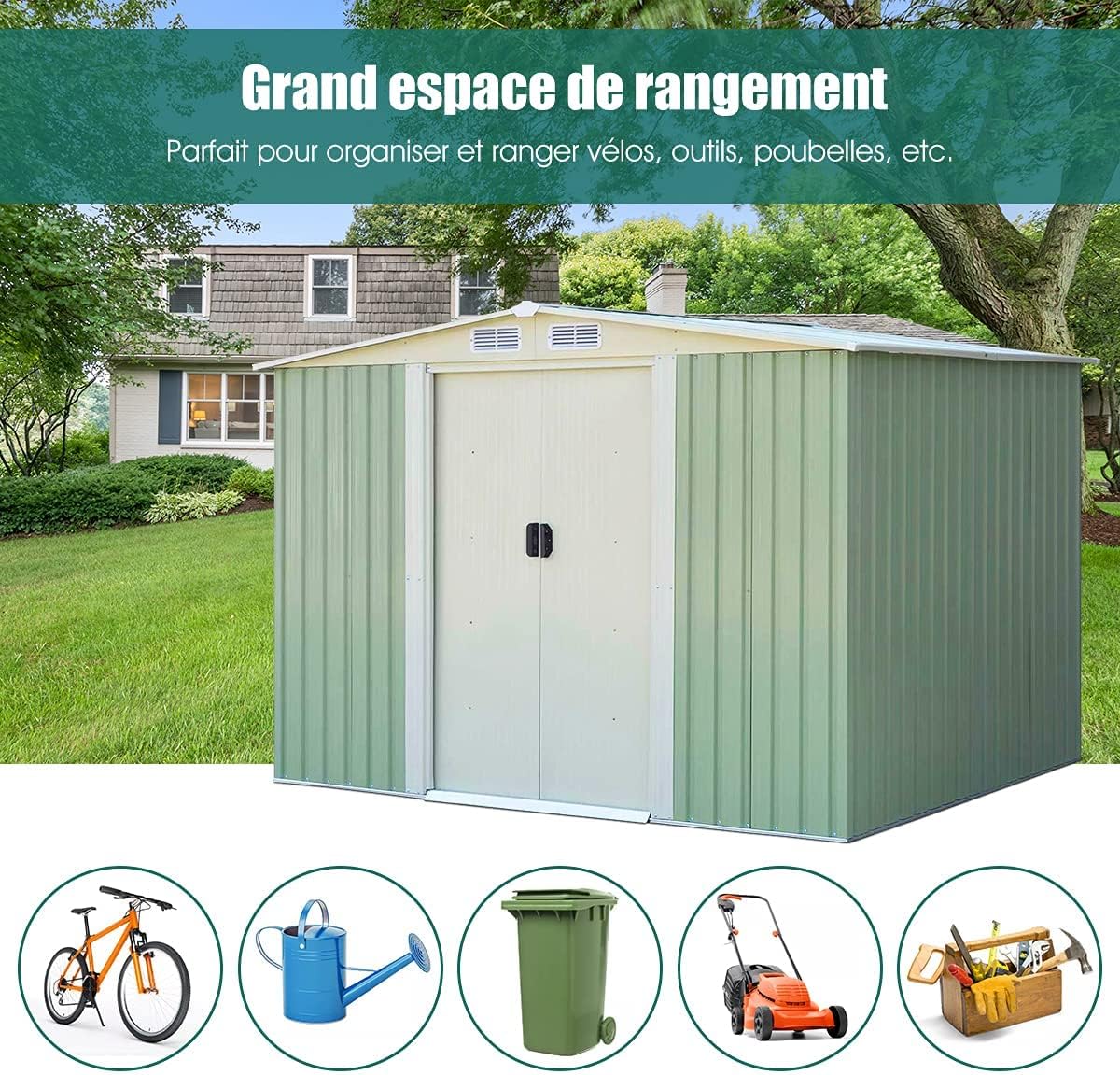 GOPLUS 4,75㎡ Abri de Jardin Métal Galvanisé, Cabine de Jardin Extérieur Portes Coulissantes, Résistant aux Intempéries, 8,34m³, Cabane de Rangement à Outils, 205 x 257 x 175 cm, Vert