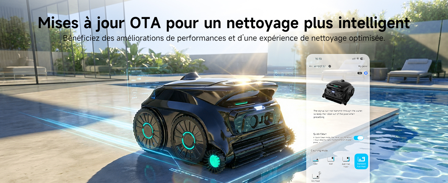Le texte se lit comme suit : « Mise à jour OTA pour un nettoyage plus intelligent ». Nettoyeur de piscine robotique de couleur bleu sarcelle foncé et noir affiché dans l'environnement de la piscine avec le dispositif de commande affiché.