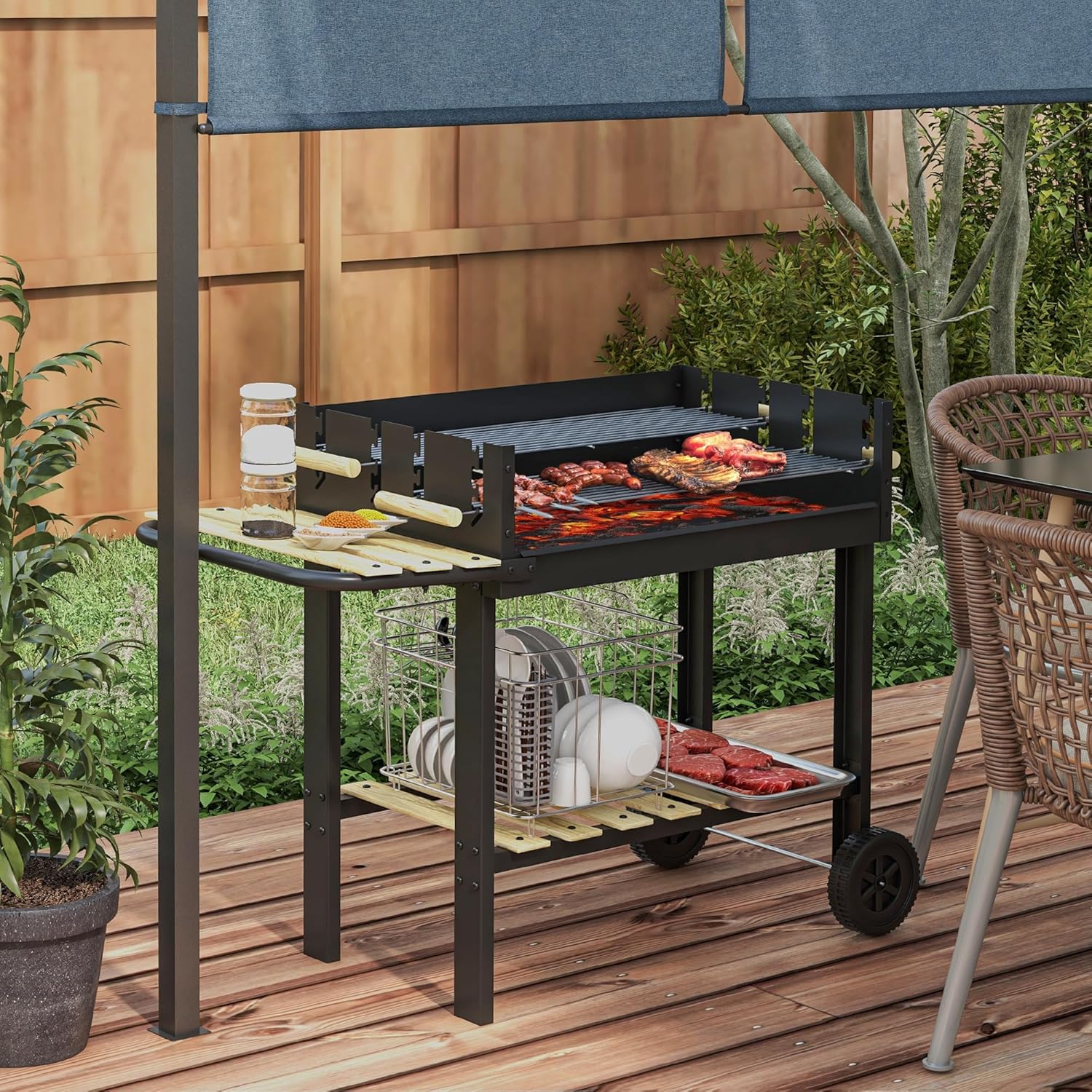 Outsunny - BBQ sur pied - 113x53,5x82,5 cm - double gril, roues, étagères