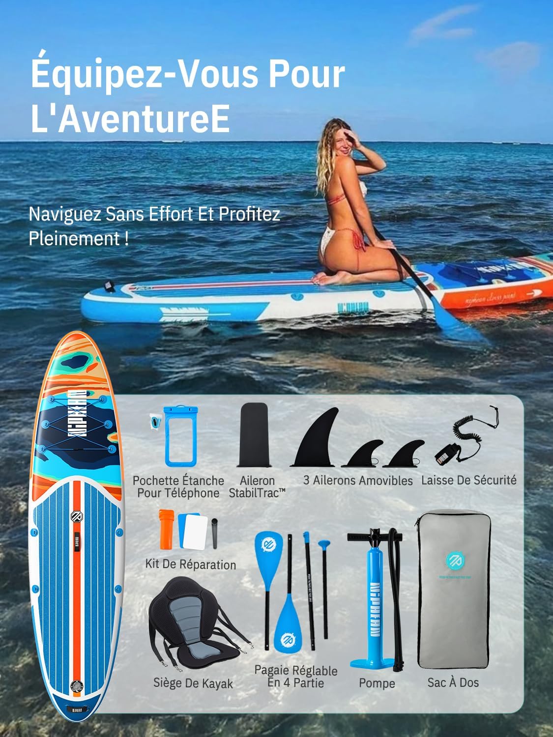 Niphean Paddle Gonflable Adulte avec Tous Les Accessoires, 320cm Planches de Stand Up Paddle Gonflables pour Tous Les Niveaux, Sup avec Capacité 200 kg pour 2 Personnes, Paddle Gonflable avec Siège