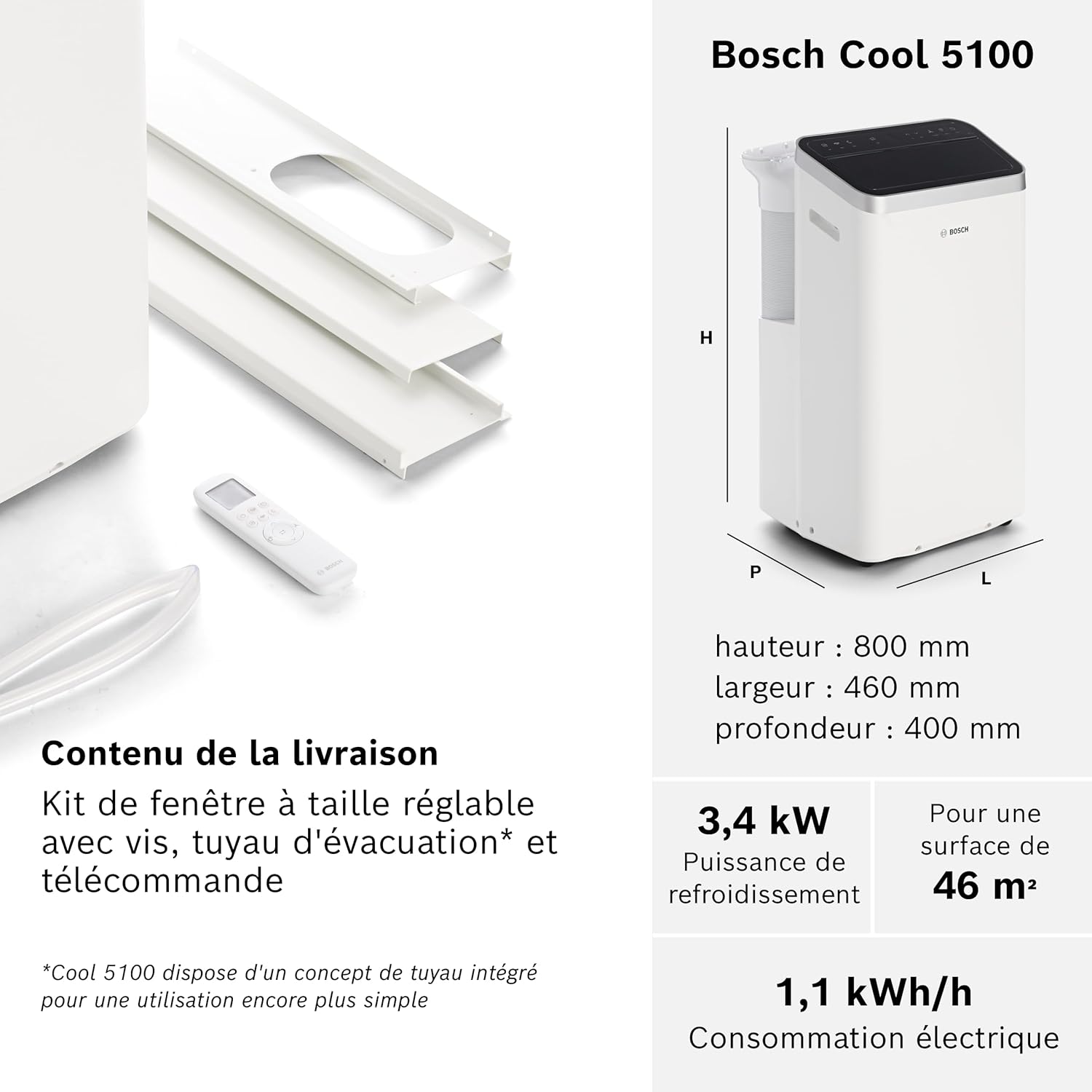 Bosch Cool 5100 Portable AC - 3 en 1 Climatiseur, Déshumidificateur, Ventilateur - 3,4 kW pour les pièces jusqu'à 46m² - Avec Mode Auto, Mode Silencieux et Mode Veille (43 db (A)) [Classe A+]