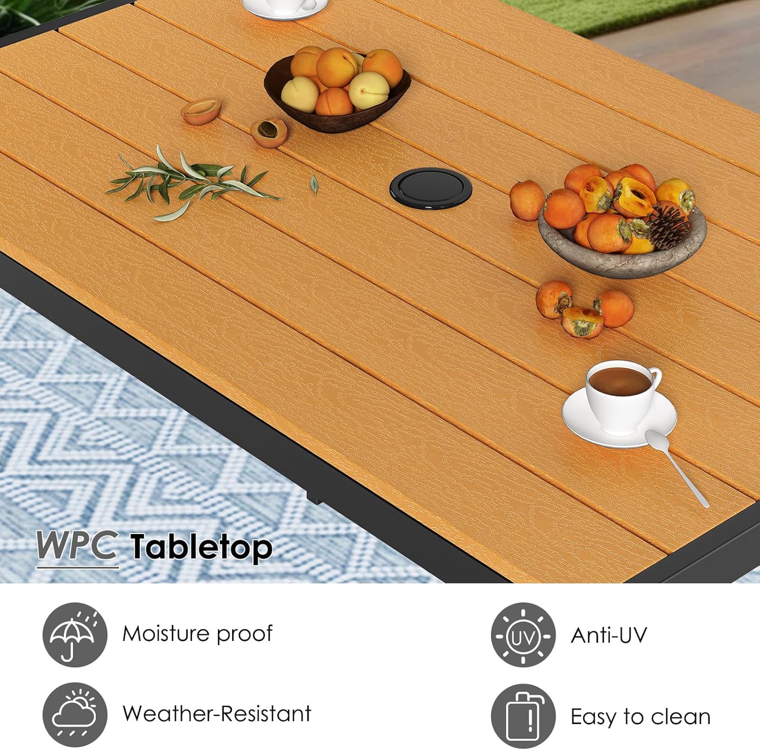 LIFERUN - Table de jardin 110x70cm - WPC, aluminium, trou parasol, brun teck