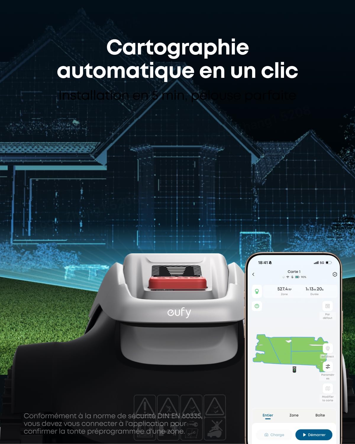 eufy - E18 - robot tondeuse, 1200m2, sans fil ni RTK, navigation intelligente, E18