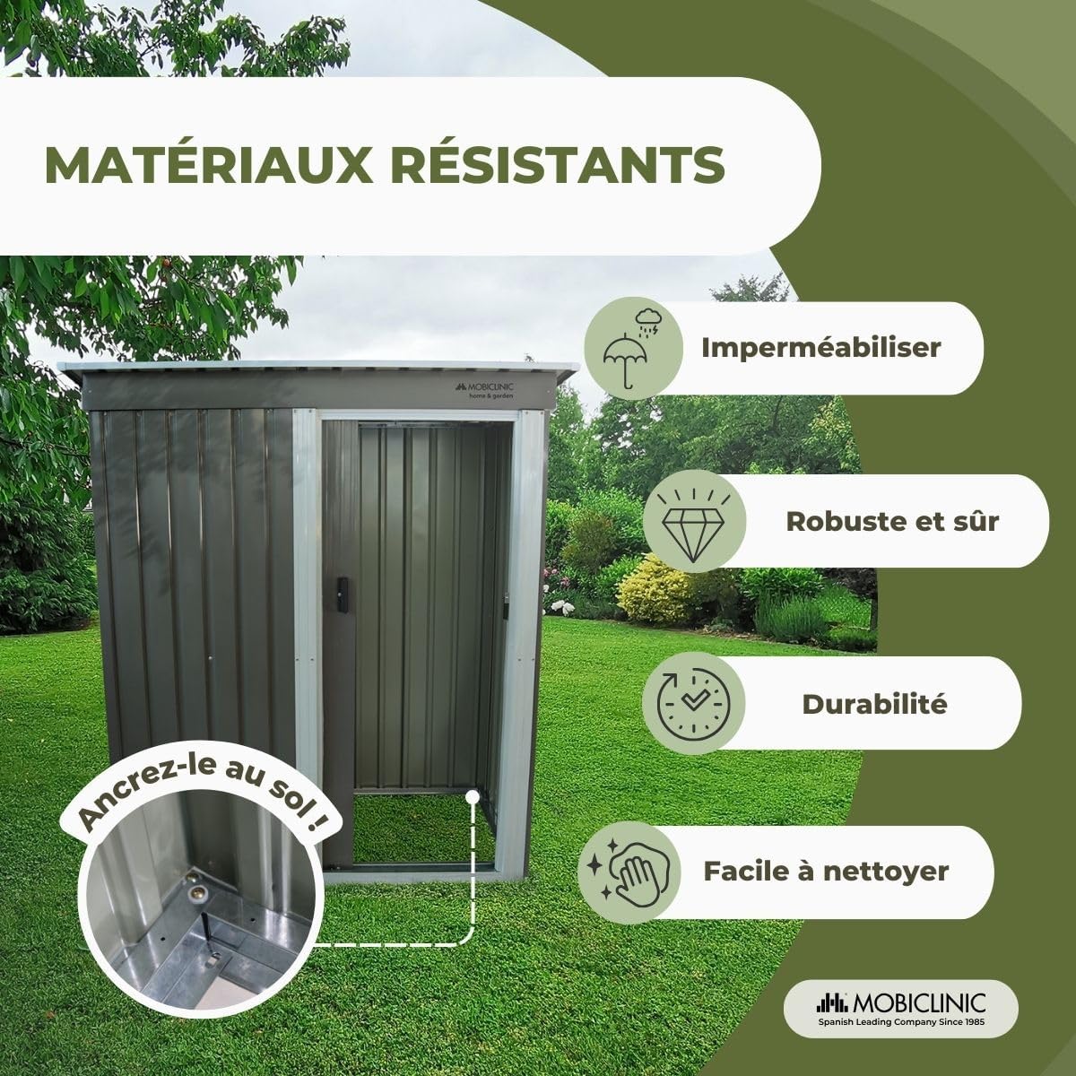 Mobiclinic - Nomi - 150x75x181 cm - abri jardin, porte coulissante, toit pentu, sécurisable, gris