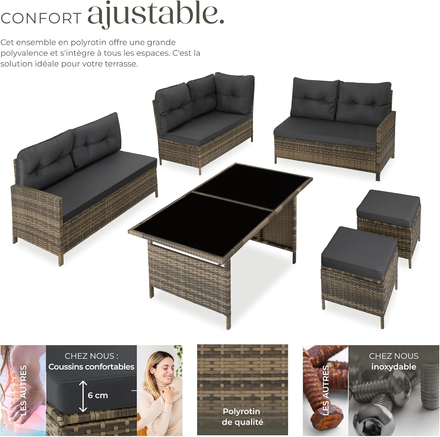 tectake - Salon de Jardin Modulable Angle - rotin - coussins inclus