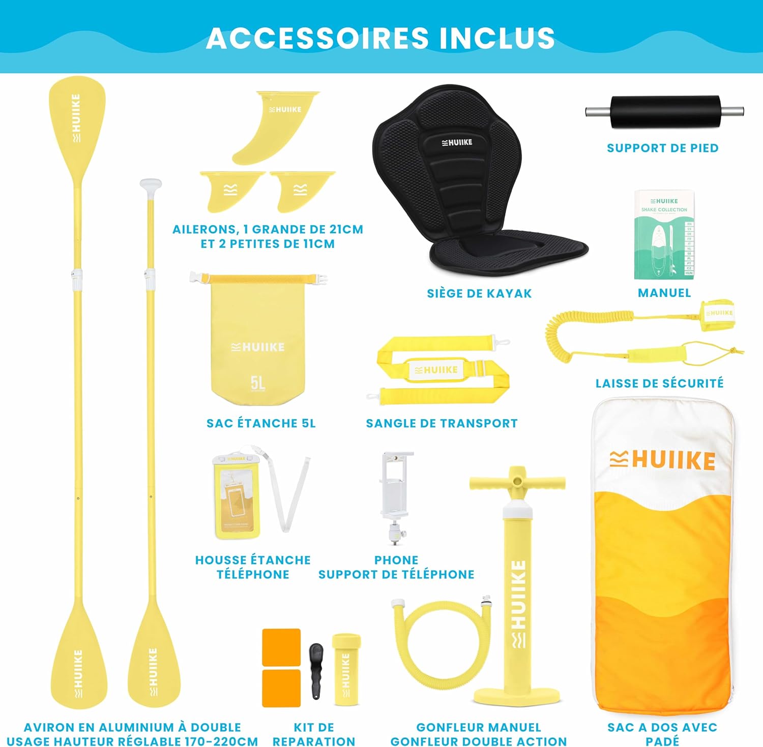HUIIKE - Paddle gonflable adulte - 305x84x15 cm - stabilité, accessoires inclus