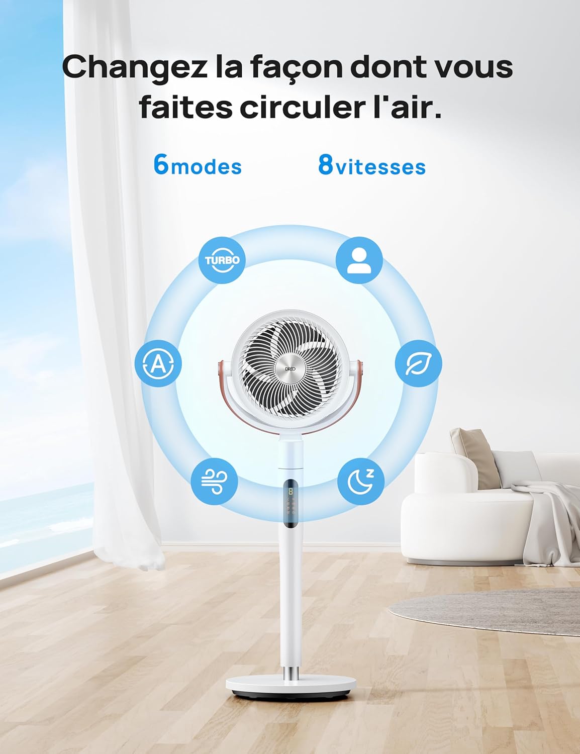 DREO - PolyFan 513S - 110cm - silencieux, 30m portée, 8 vitesses