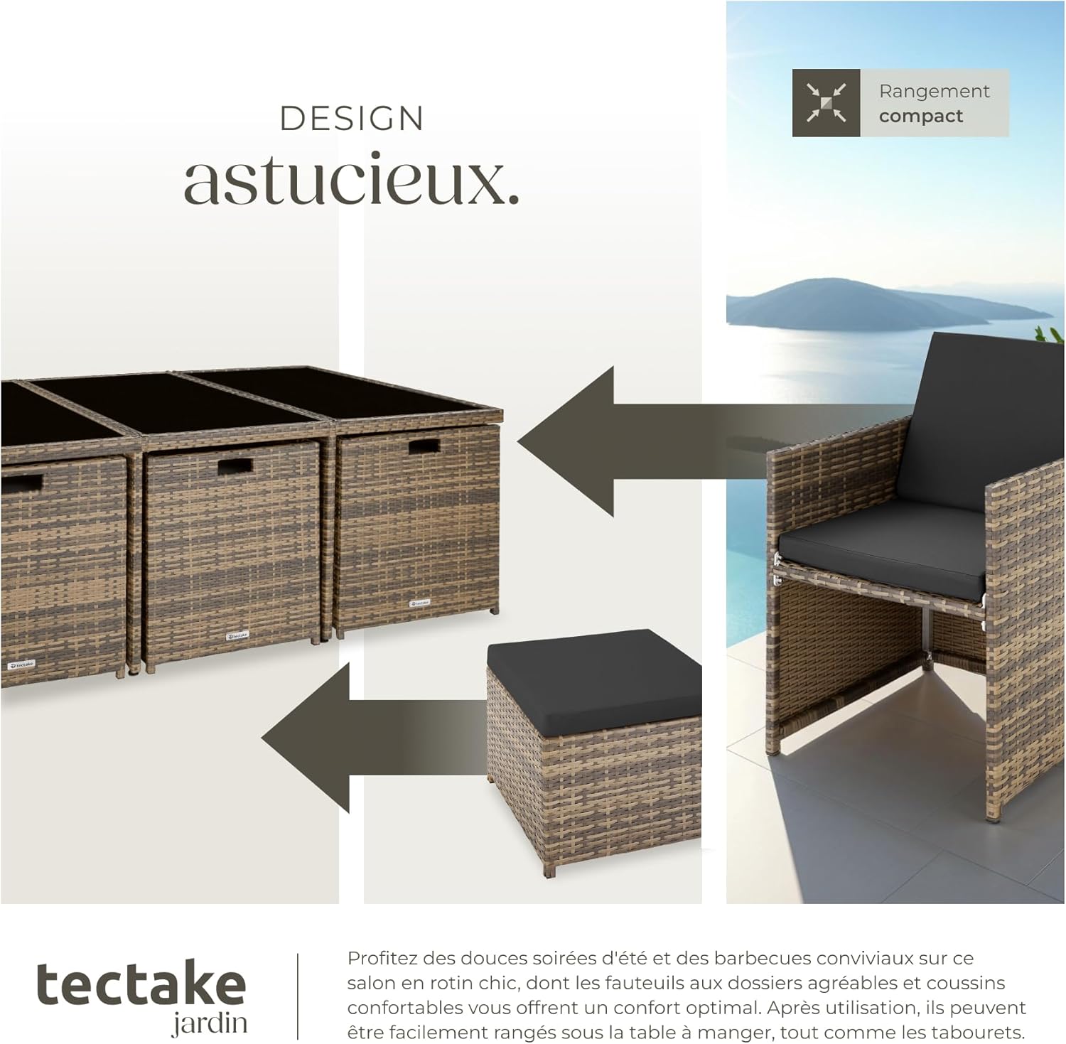 tectake - Salon de jardin résine tressée 10 places - Aluminium, housses et protection, Marron naturel