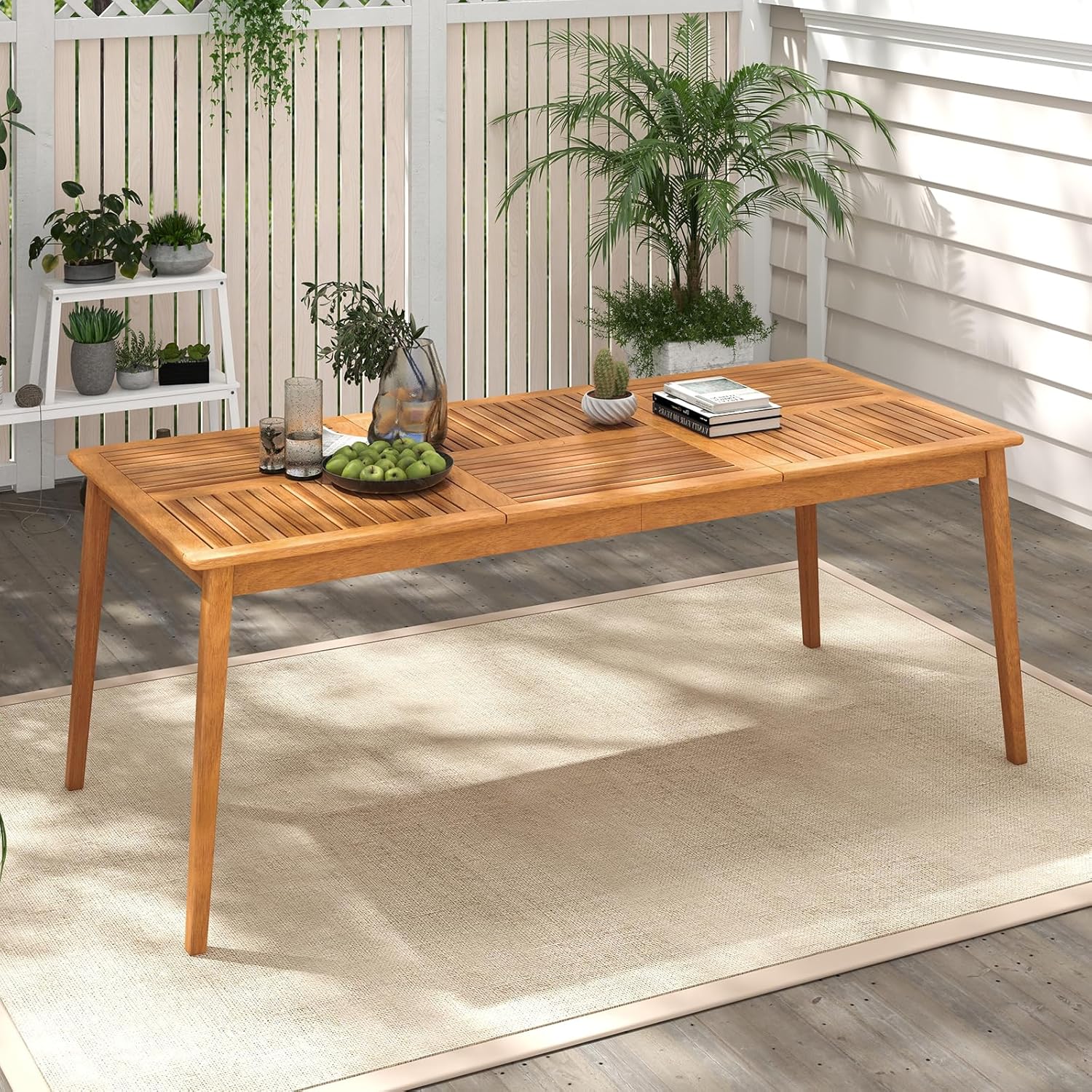 GOPLUS - table repas extérieur Acacia FSC 90x200cm, 8 places, trou parasol, charge 160kg