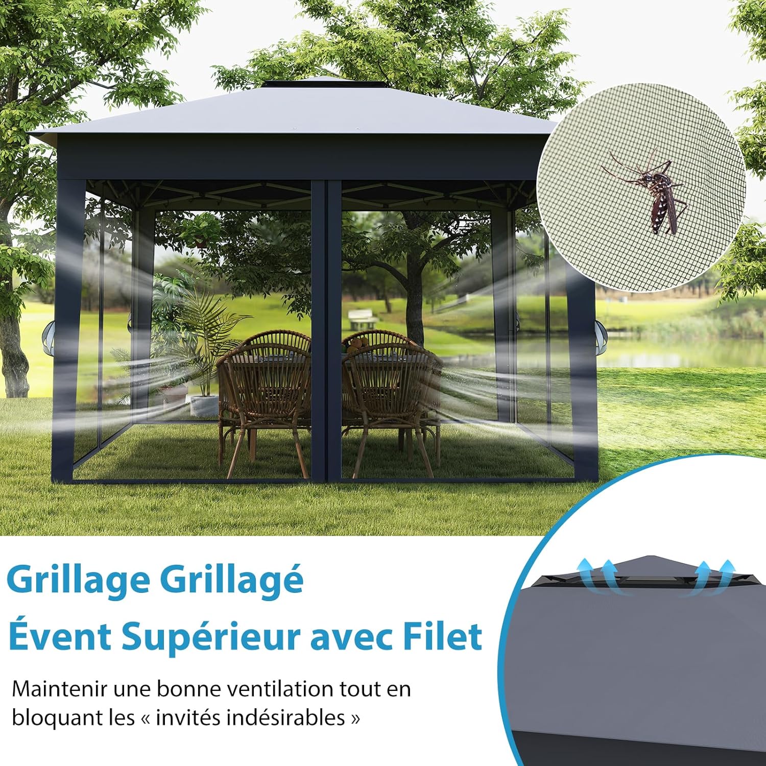 RELAX4LIFE - Tonnelle pliante série jardin - 3x3m - moustiquaires, toit ventilé, protection solaire