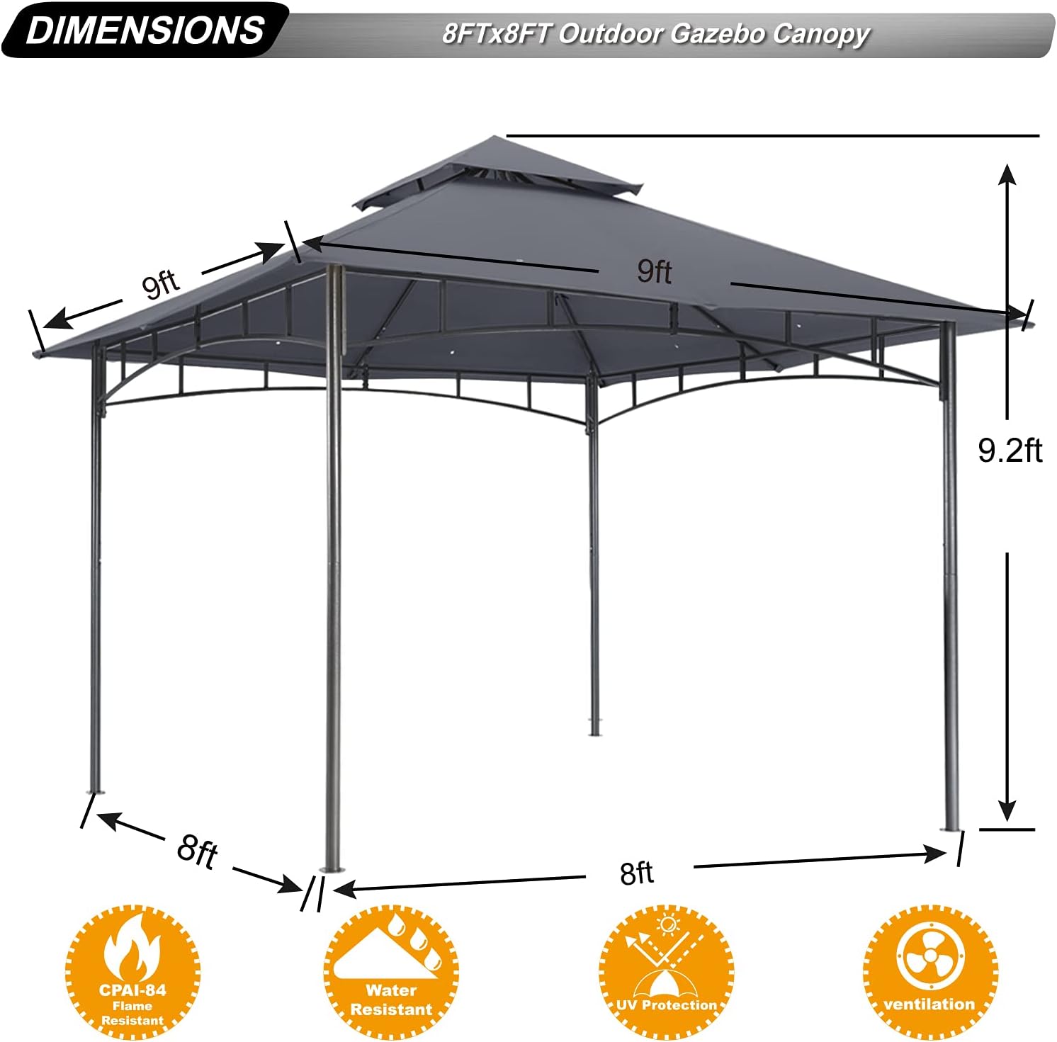 ABCCANOPY - Abri de jardin terrasse, 2,4x2,4m, cadre acier, gris