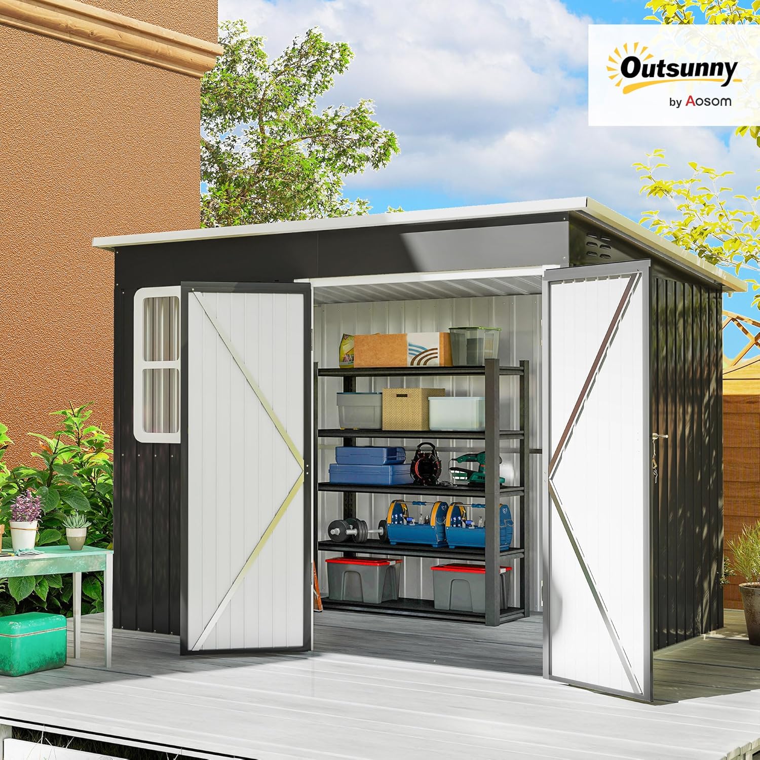 Outsunny - Abri de jardin métal 260x177x190cm, 4,13m², fenêtre, toit appentis, porte verrouillable
