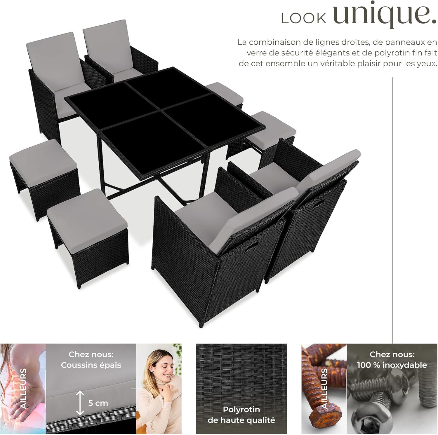 tectake - Salon de jardin Poly Rotin - table, 4 chaises, housse - dimensions compactes - NOIR/GRIS