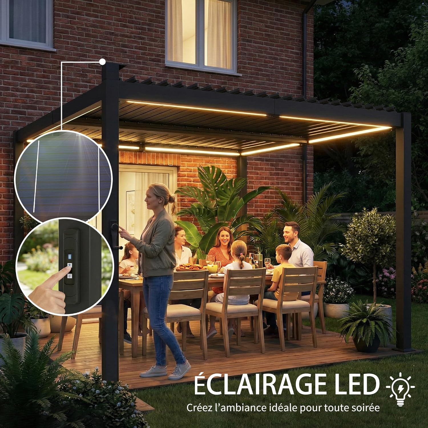 Outsunny - Pergola bioclimatique 3x3m - LED solaires, lames orientables, toit métal, gouttières