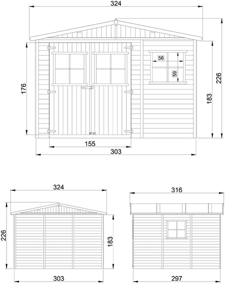 Abri de Jardin en Bois Naturel - Stockage extérieur avec fenêtres- H226x316x324 cm/9 m² Hangar en Bois Naturel - Atelier Rangement Outils et vélos- TIMBELA M335