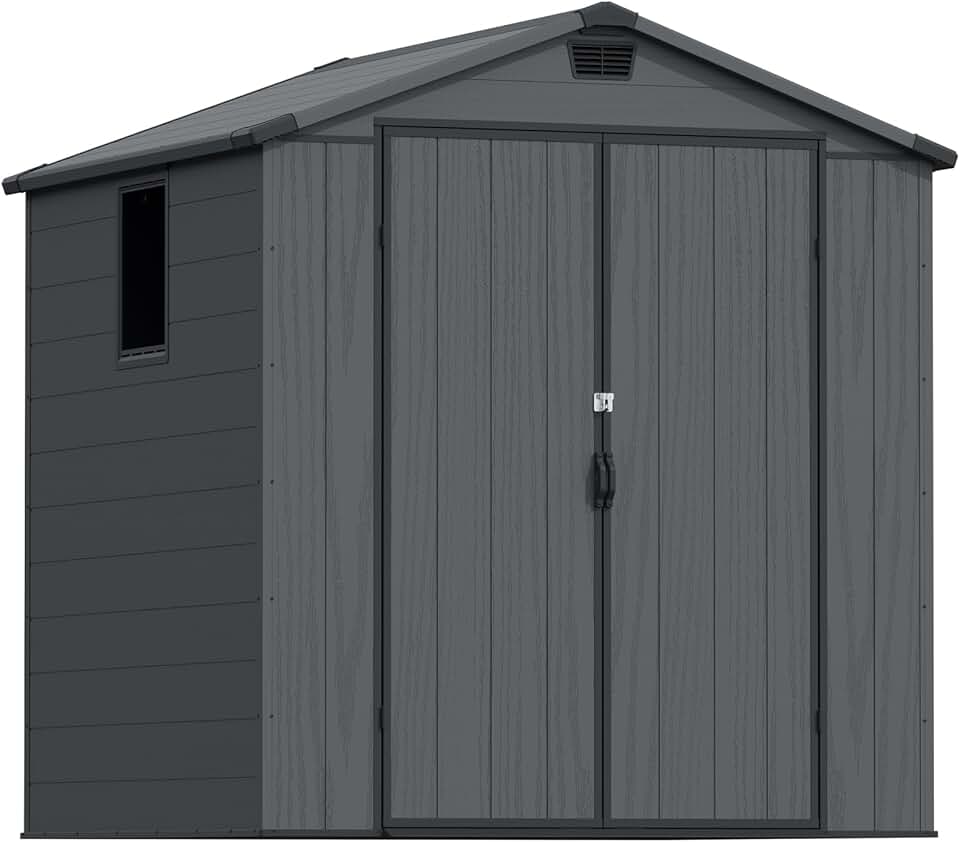 Devoko Abri de jardin extérieur en plastique avec double portes verrouillables et toit en apex – Abri de jardin pour outils de terrasse, abri pour vélo, poubelle – Résistant aux intempéries et à la