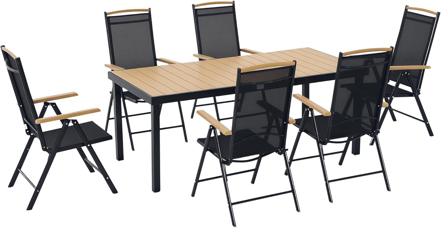 Outsunny - Salon de jardin aluminium 190 cm, 6 chaises pliables inclinables, bois naturel