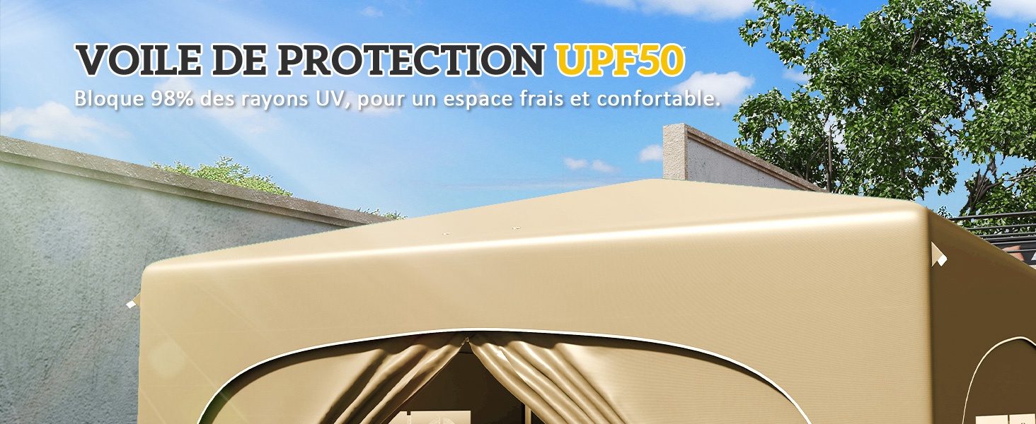 avec indice UPF50. Forme triangulaire tendue entre les structures, fournissant de l'ombre dans un patio ou un jardin.
