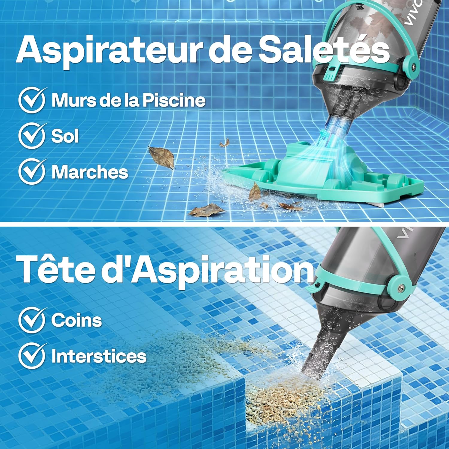 VIVOHOME 213cm Aspirateur de Piscine sans Fil, Puissance d'Aspiration jusqu'à 70LPM, Nettoyeur de Piscine Portable avec 4 Sacs Filtrants, pour Piscine Hors-Solet et Enterrée, Spa Global Recycled Standard