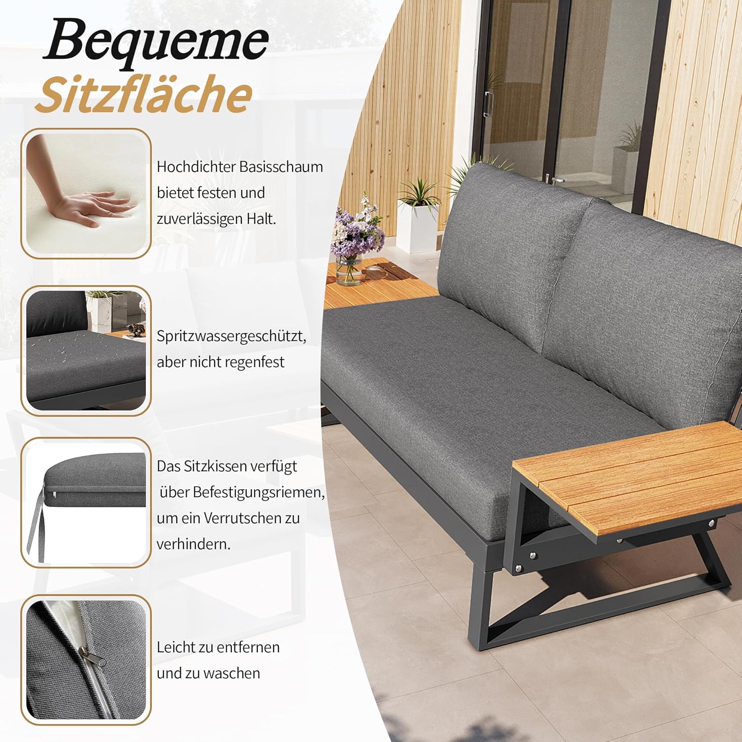 Sapgaks - salon de jardin 7 places, angle inclinable, coussins, table basse - F-Gris