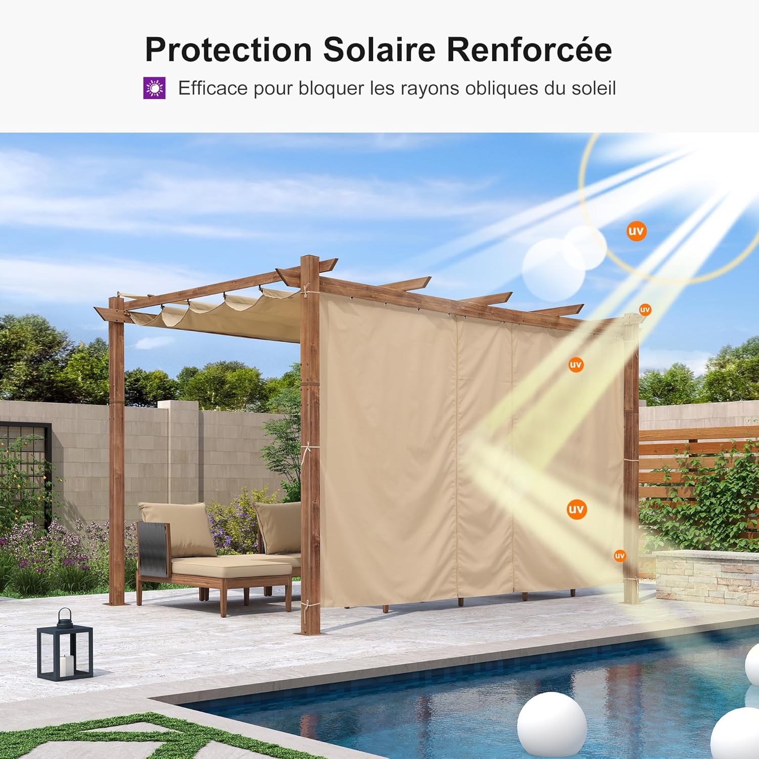 PURPLE LEAF - Pergola alu finition teck 4x3m - toile rétractable, rideau, kaki