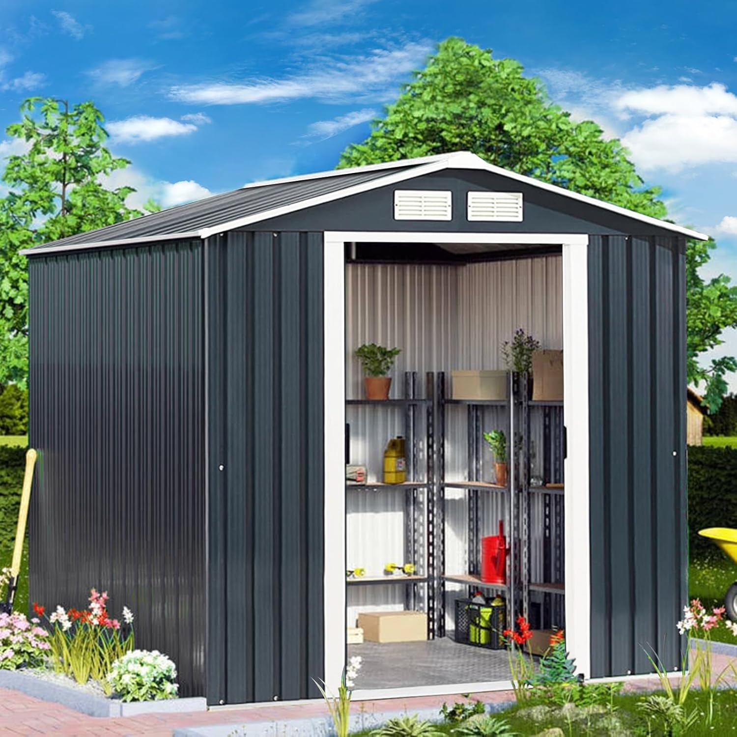 GOPLUS 2,37㎡ Abri de Jardin Métal Galvanisé avec Base, Résistant aux Intempéries, Cabine de Jardin Extérieur 2 Portes Coulissantes avec 2 Fenêtres de Ventilation, 4,39m³, 213 x 127 x 185 cm, Gris