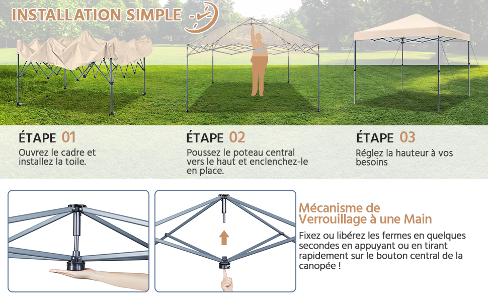 Processus d'installation en trois étapes pour un auvent portable. Les étapes montrent le dépliage du cadre, la levée du mât central et le réglage de la hauteur de la canopée à l'aide d'un mécanisme à levier