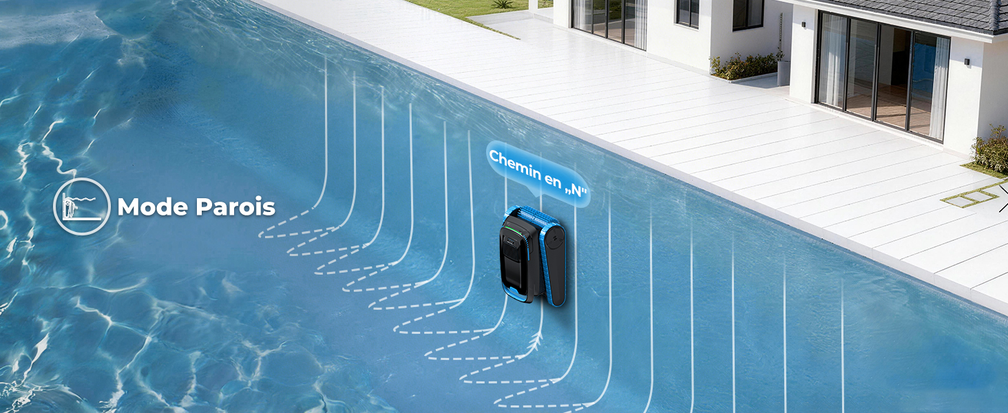 Le texte se lit comme suit : « Haute Piscine ». Vue aérienne de la piscine avec un motif géométrique de jets d'eau créant des lignes parallèles sur l'eau bleue.