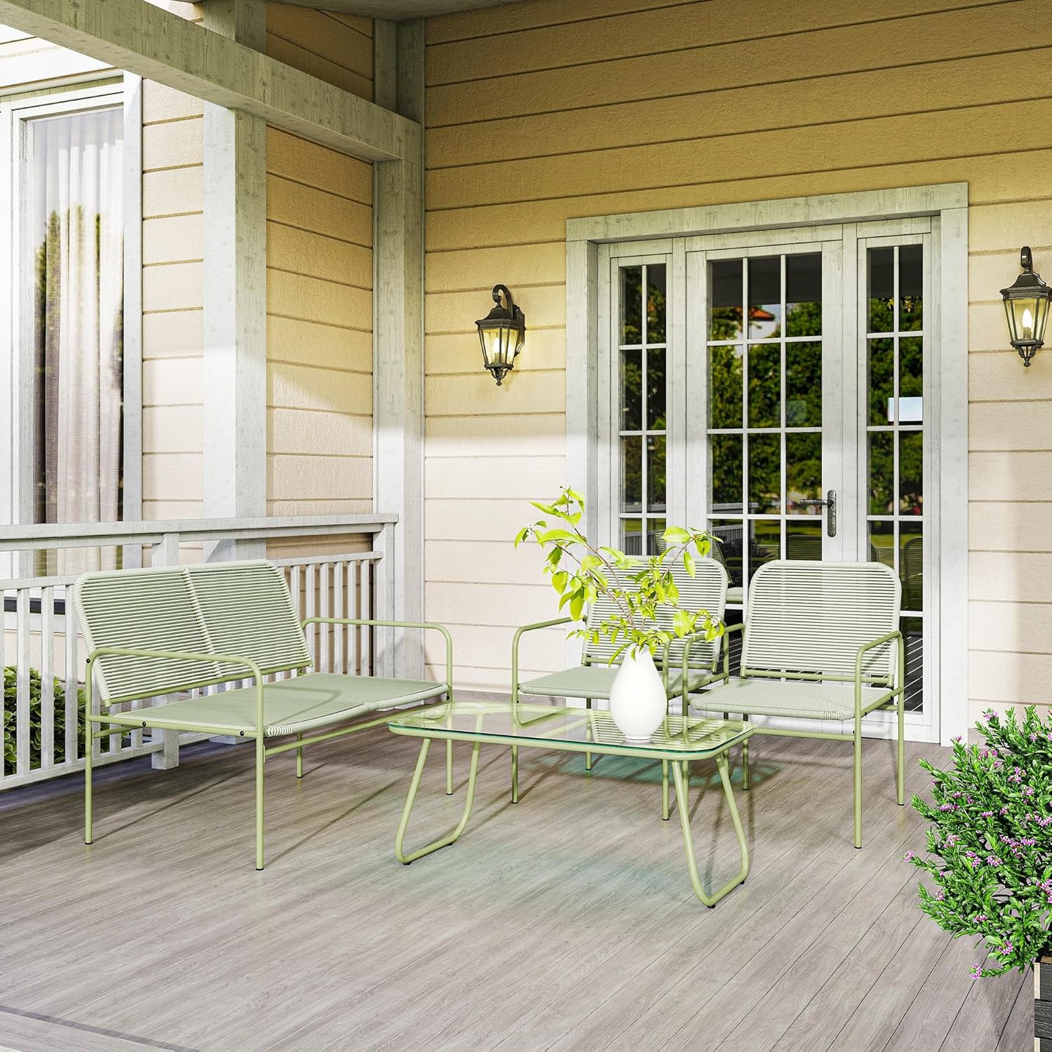 Outsunny - salon de jardin 4 places acier résine vert - canapé, fauteuils, table