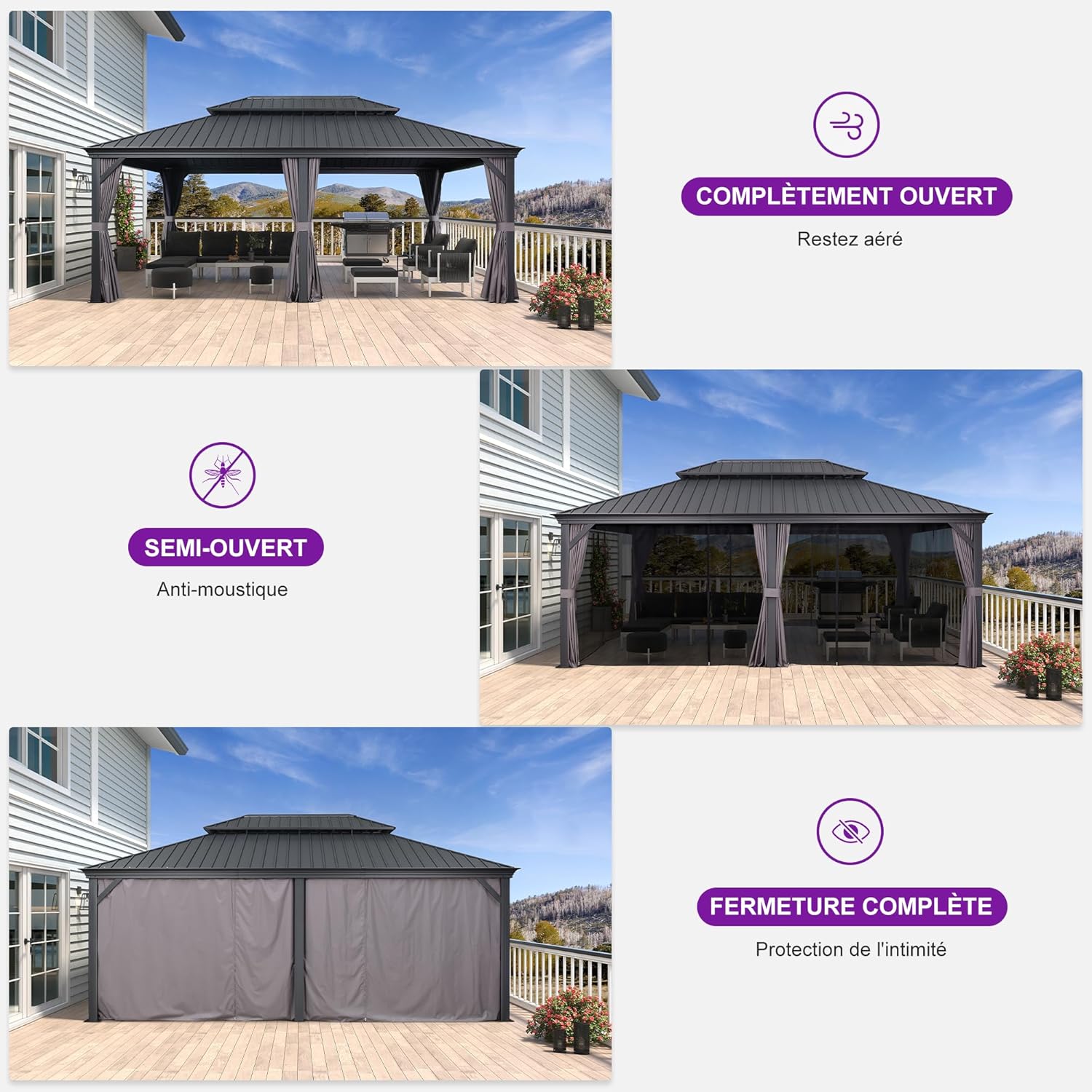 PURPLE LEAF - Pergola Série 6x4,25m - alu, leds, rideaux, gouttière