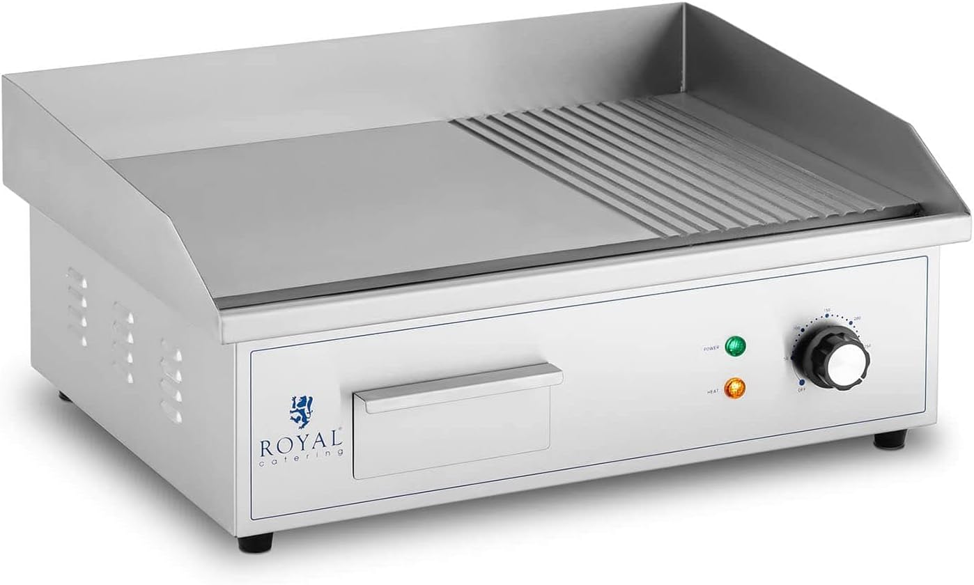 Royal Catering - Plancha électrique professionnelle - 548x350 mm - 3000 W, plaque lisse et rainurée - RCPG42-M