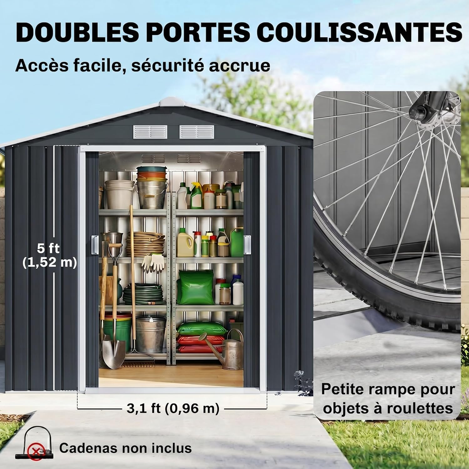 Outsunny - abri de jardin métal 2,77 m², 213x130x185 cm, porte verrouillable, 4 aérations