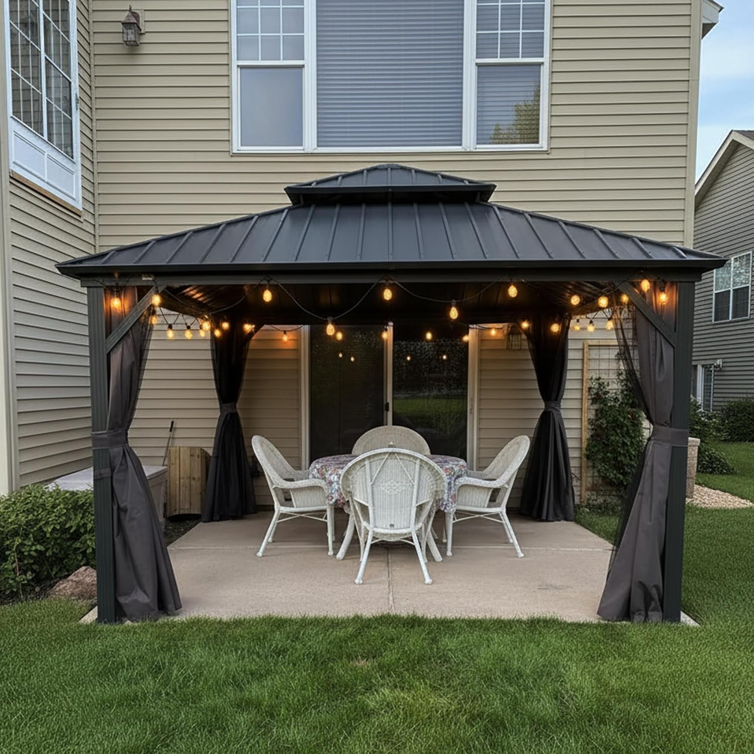 PURPLE LEAF Tonnelle de Jardin Extérieur 3,65 x 3,65 m avec Guirlande Lumineuse, Pavillon Aluminium à Double Toit en Acier Galvanisé, Pergola Jardin Extérieur avec Rideaux pour Fête, Barbecue, Gris