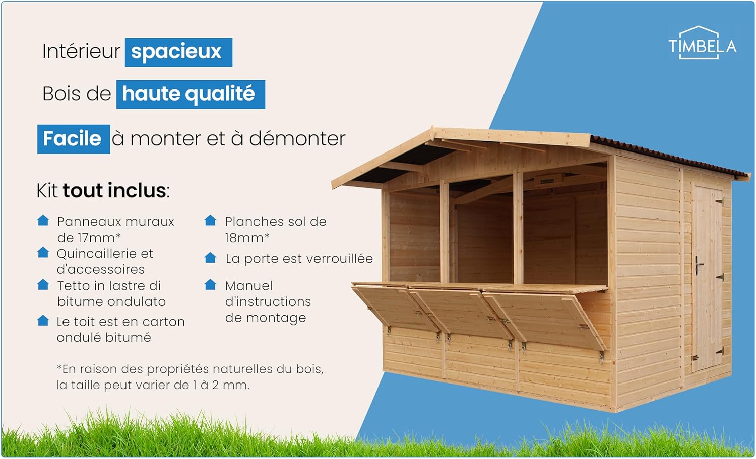 TIMBELA - abri de jardin bois, 6 m², 3 fenêtres, facile à monter, M150A