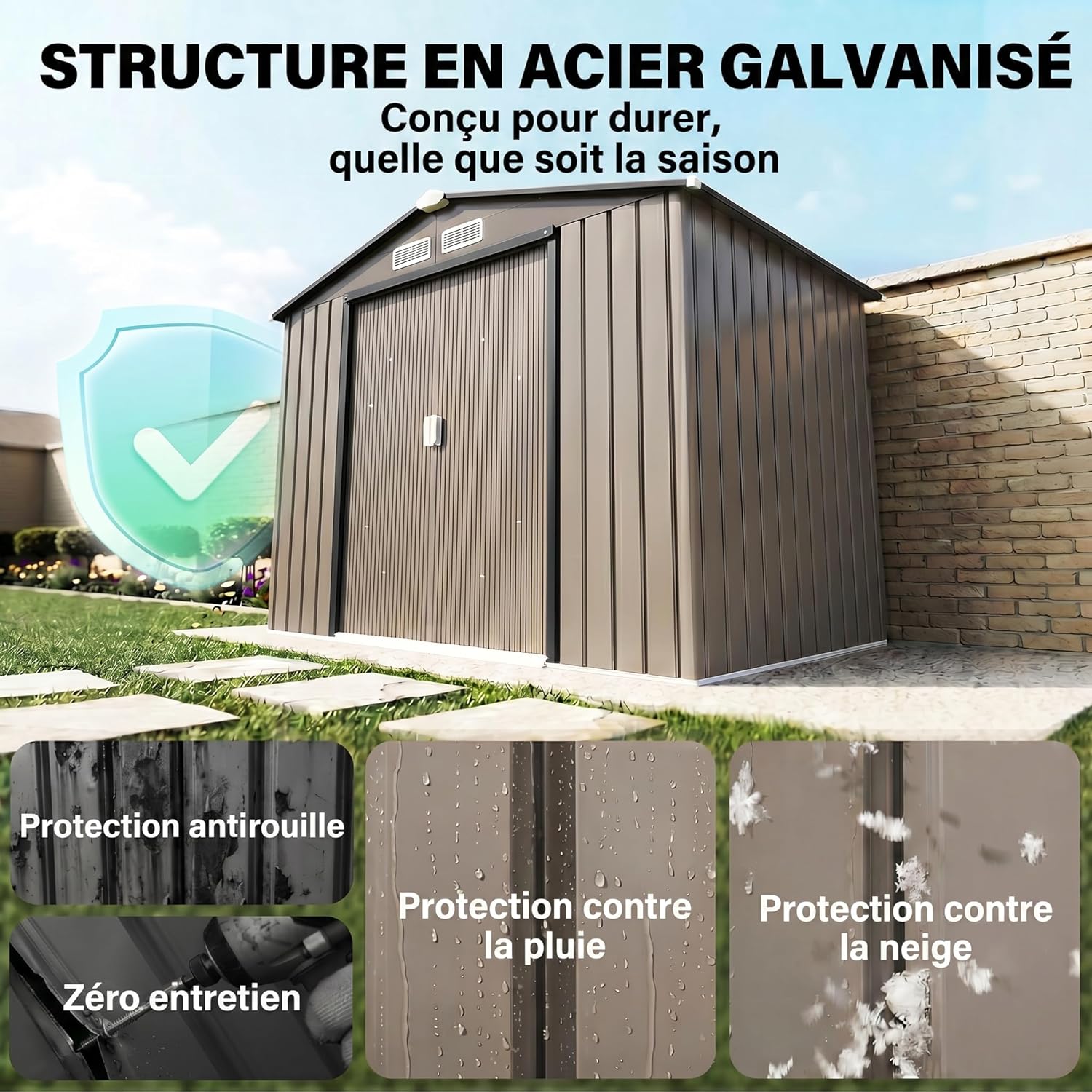 Outsunny - Abri de jardin métal 2,77 m², 213x130x185 cm, porte coulissante, marron