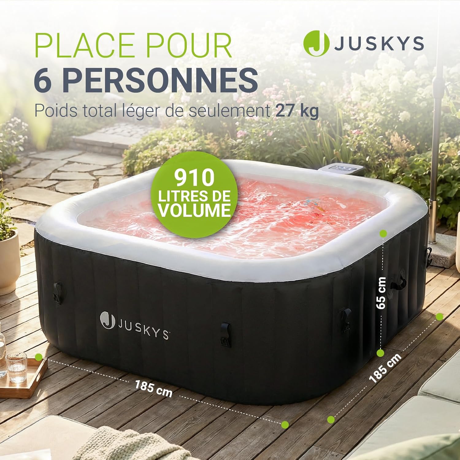 JUSKYS® Bain bouillonnant SpaLuxe – Structure extérieure, 130 Buses, Puissance Totale 3000 W, éclairage LED Noir/Blanc