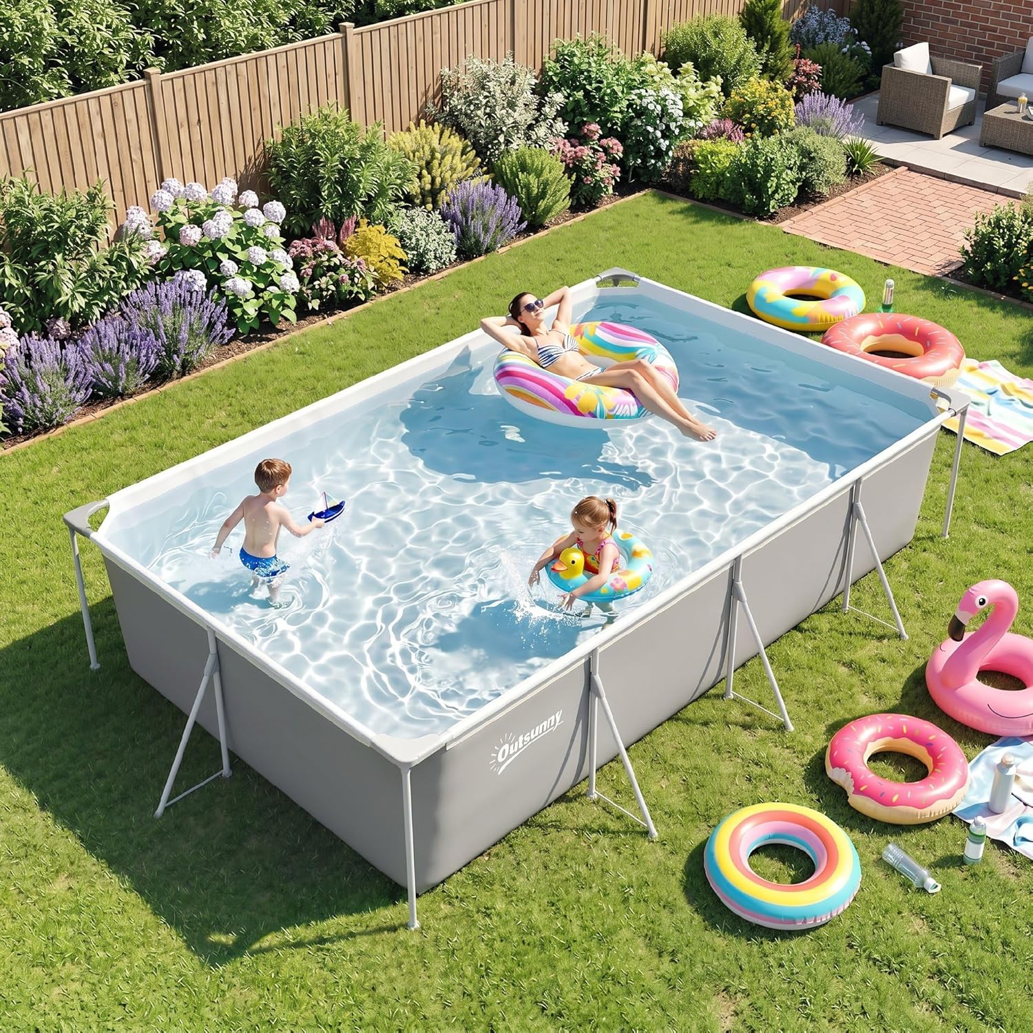 Outsunny - Piscine tubulaire familiale 394x208x80cm, PVC triple couche, structure stable, facile à monter - 6075L
