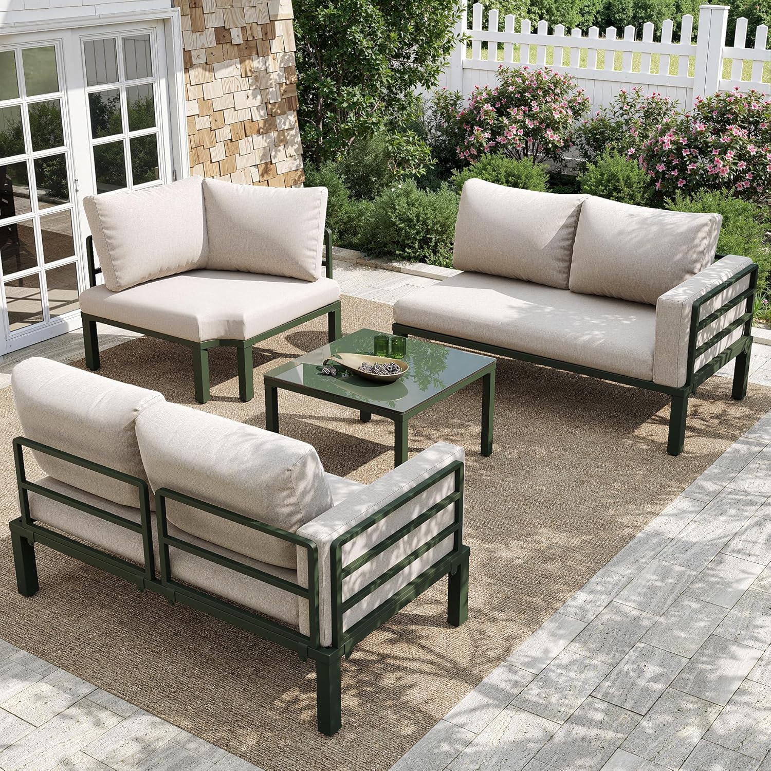 Sapgaks - Salon de jardin D-Beige, fer galvanisé, 4-5 pers., coussins