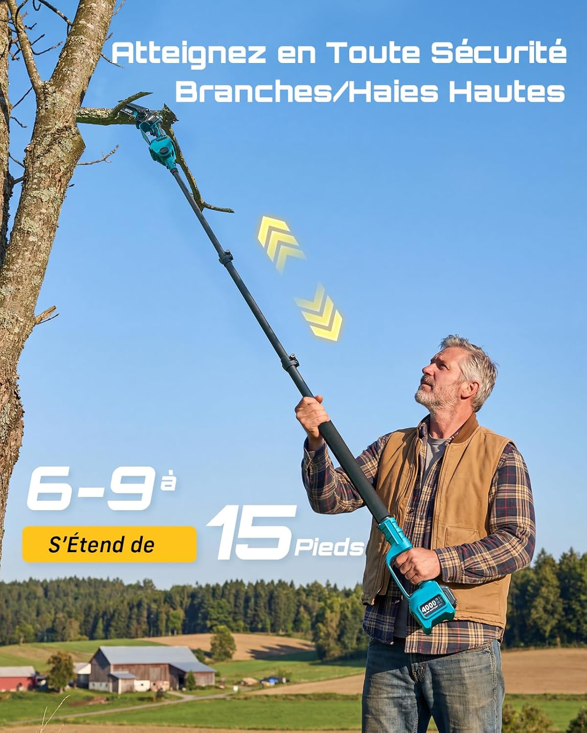 SEESII 6-en-1 Mini Tronçonneuse & Taille-haie, avec 2 * 4000mAh Batteries, Tronconneuse Electrique à Perche Télescopique, Portée Maximale Jusqu'à 4,57m, à 30 ML Bouteille d'huile