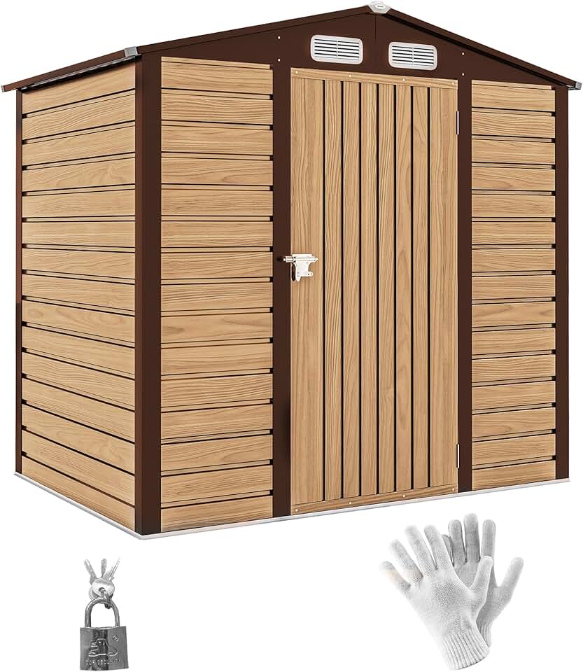 Outsunny Abri de Jardin en métal 2,27 m², Structure en Acier galvanisé améliorée, abri à Outils extérieur, toiture 2 pans avec aérations, Gants et Cadenas Inclus, 190x131x188cm, chêne