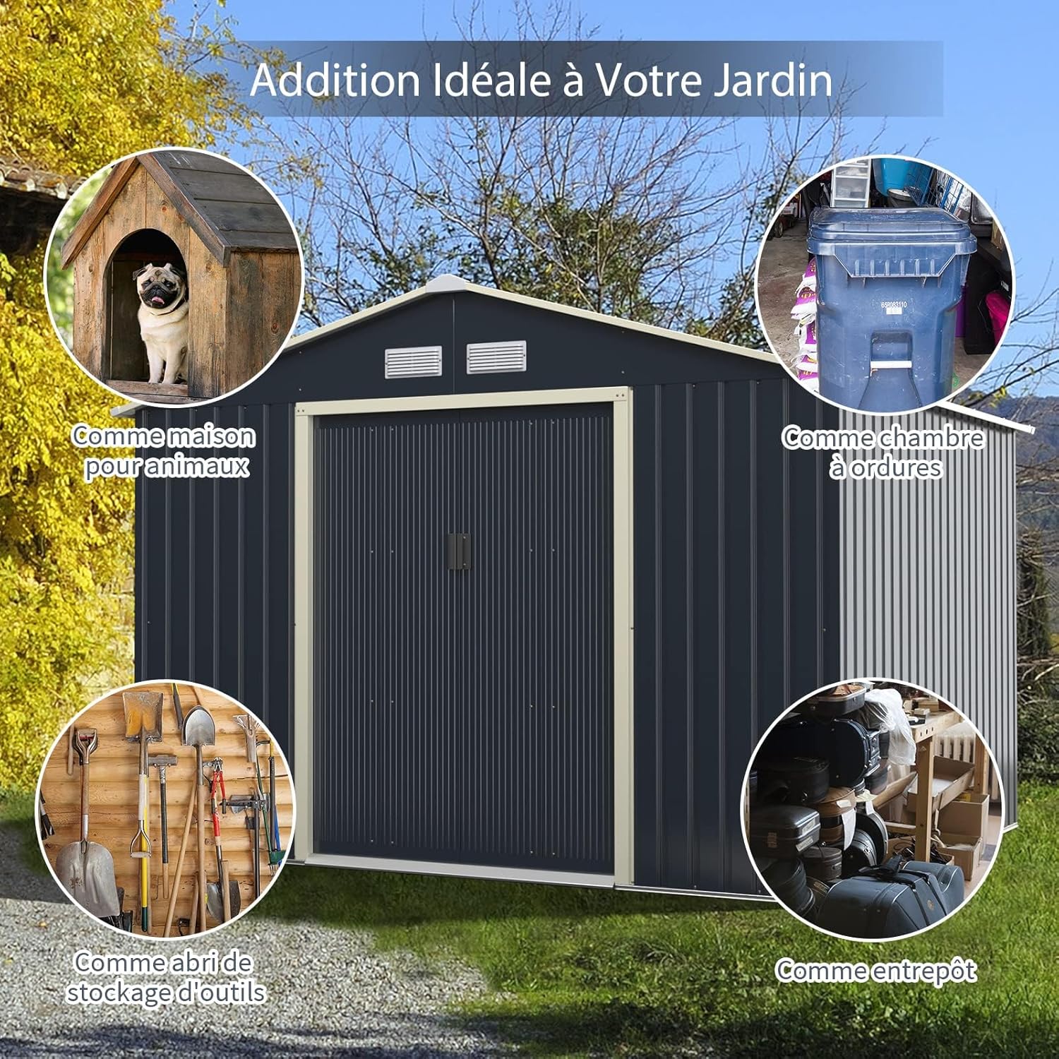 RELAX4LIFE Abri de Jardin Métal 7m2 avec Abri d'Extension Porte Coulissante, Cabane de Jardin Extérieur 267x256x202cm Outils de Jardin résistant aux intempéries, KX7177KV+FR