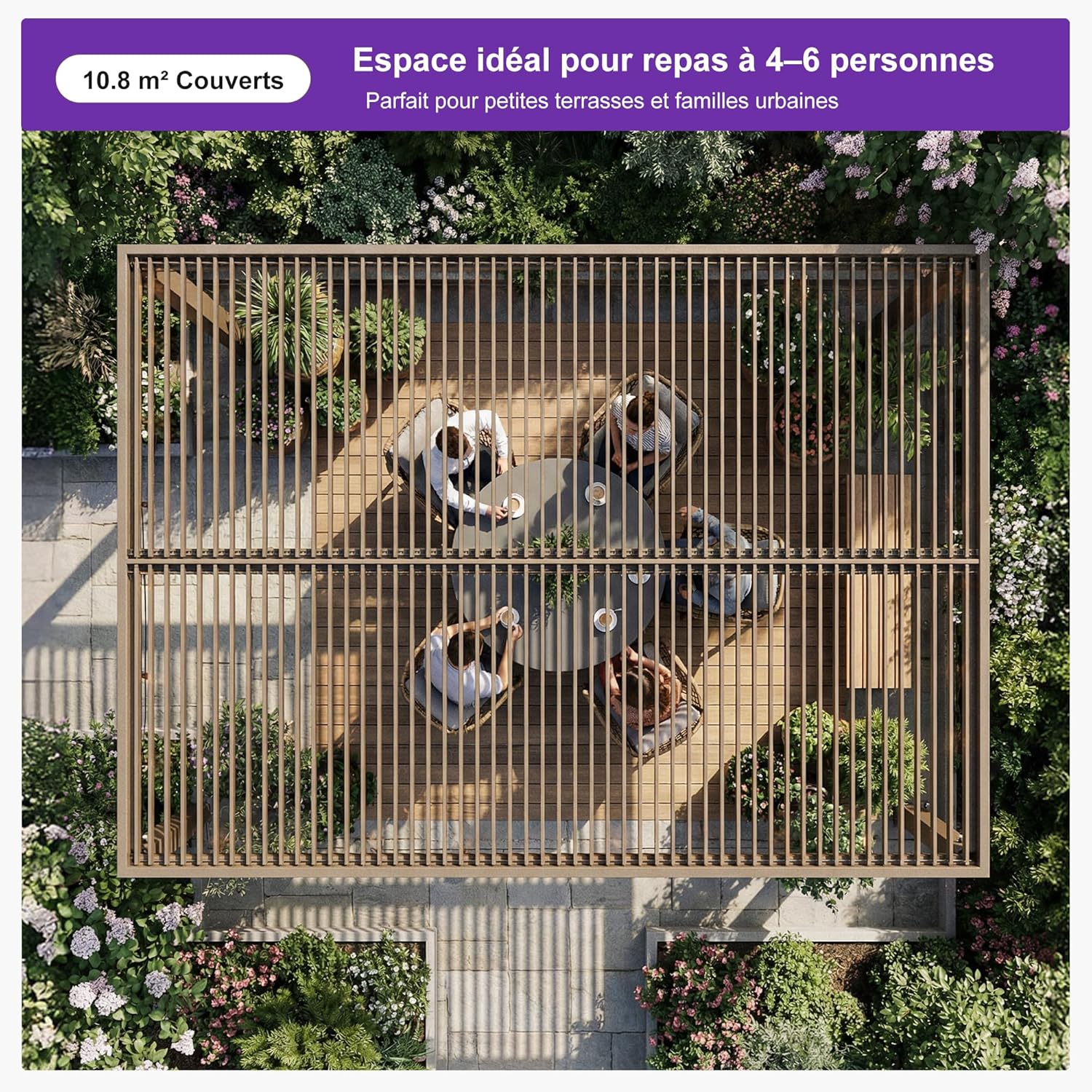 PURPLE LEAF - Pergola bioclimatique - 3x3,65m - LED, alu, lames orientables, étanche, anti-UV