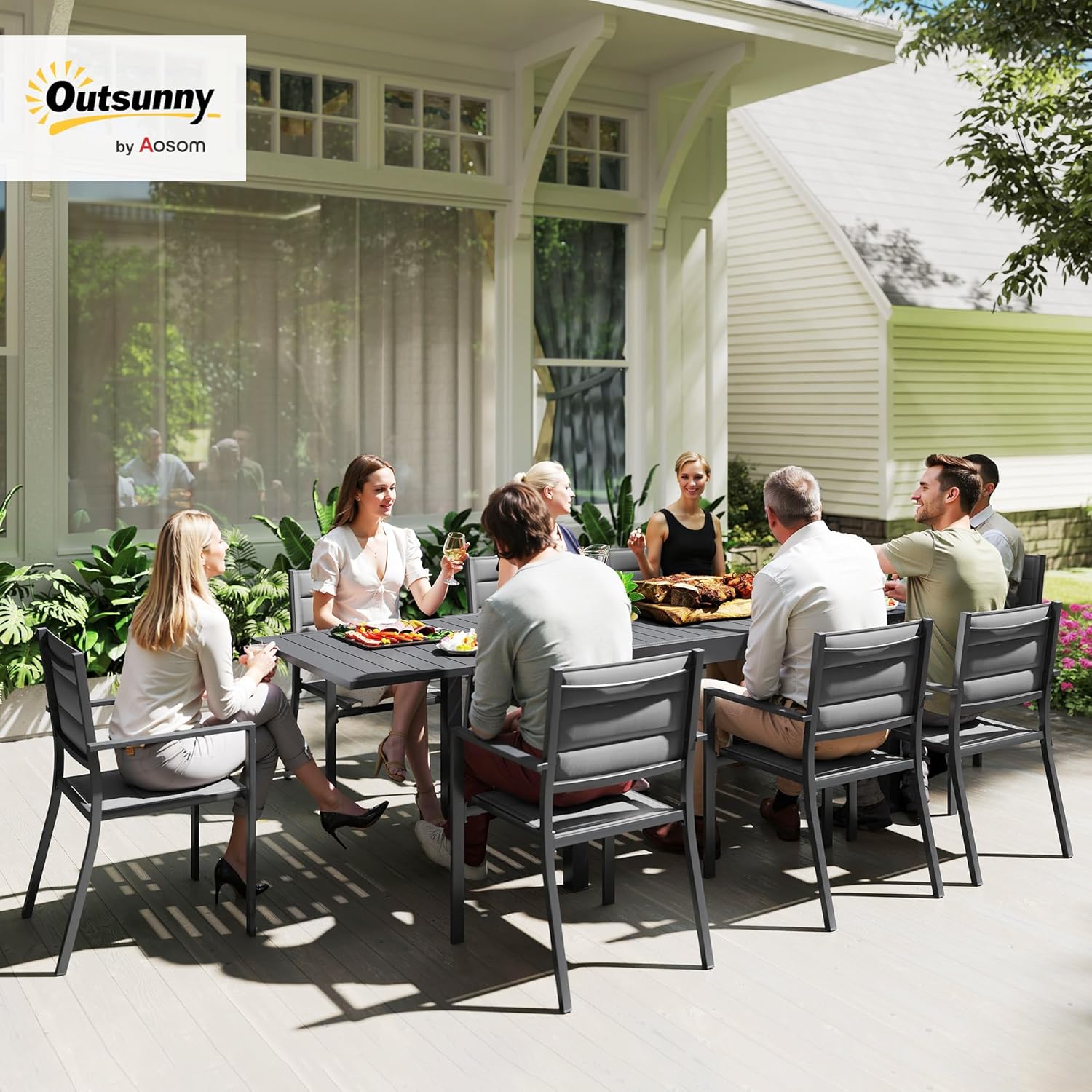 Outsunny - salon de jardin extensible 135-270cm - 8 chaises empilables, aluminium et textilène - gris