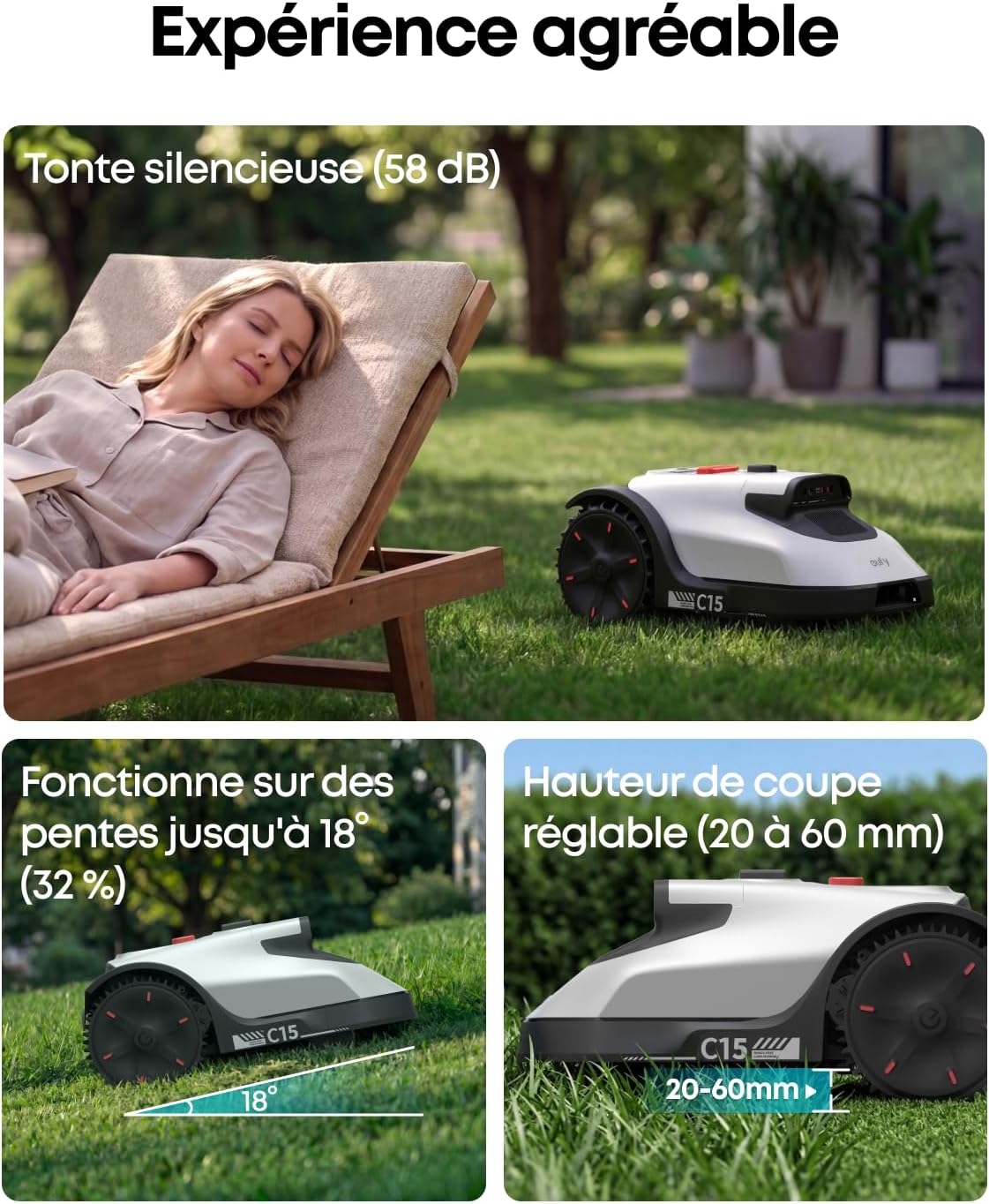 eufy - C15 Série - 500 m² - Robot tondeuse sans fil, multizone, installation rapide