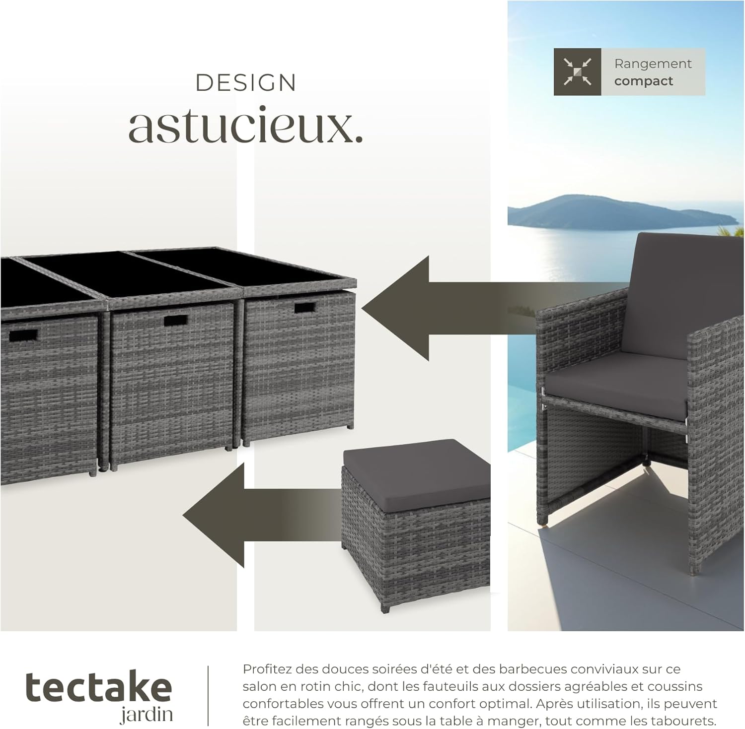 Tectake - Salon de jardin polyrotin 10 places, housses incluses, gris