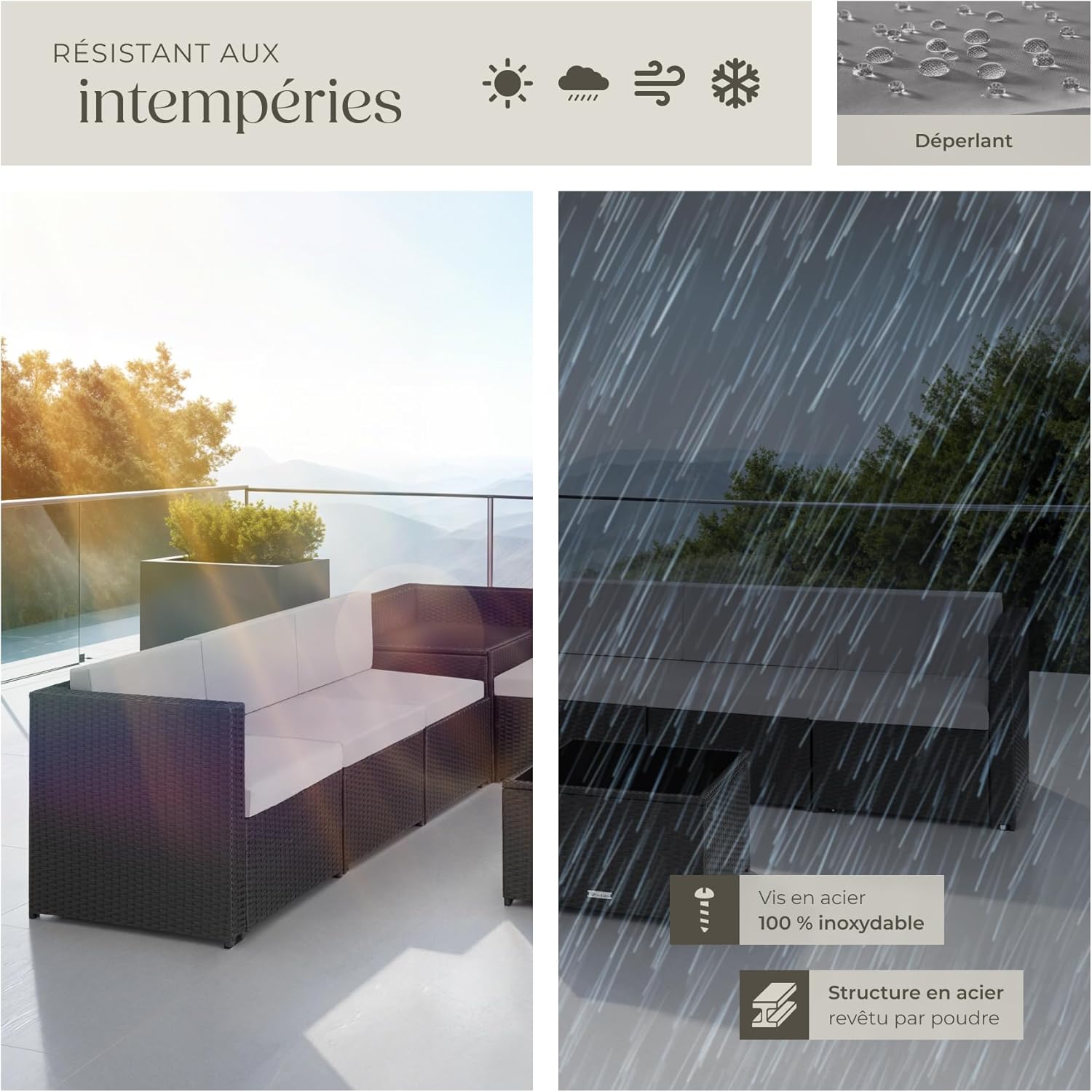 tectake - salon de jardin modulable 6 places - résine tressée, table verre, coffre rangement - 198x130x70 cm