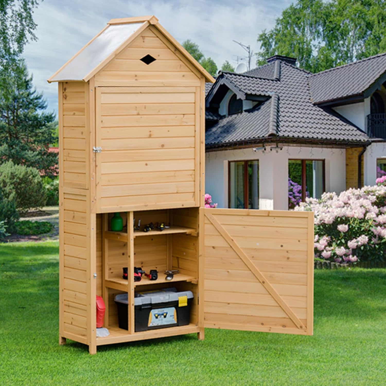 GOPLUS - abri de jardin bois 70x35x176cm, 5 étagères, porte verrouillable