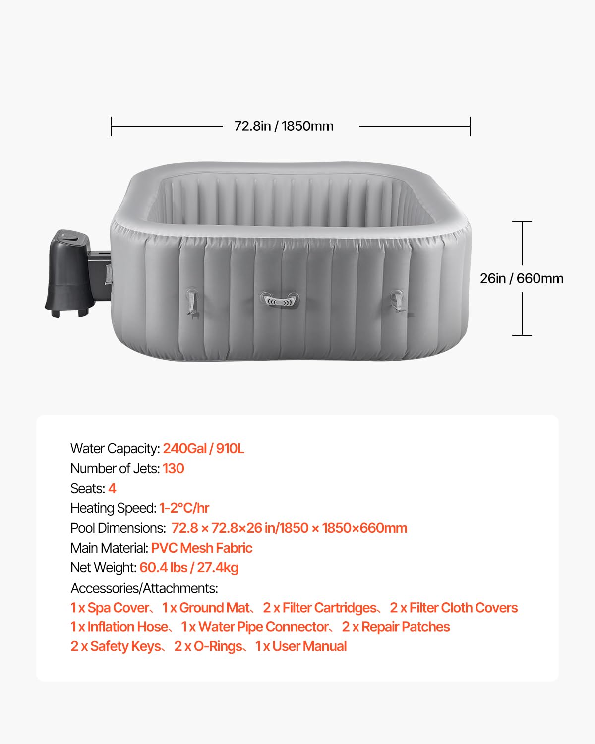 VEVOR Spa Gonflable Carré Capacité 4-6 Personnes, Bains à Remous d’Extérieur Portable 185x66 cm, avec 130 Jets Apaisants, Filtre, Couverture et Tapis, en PVC, Panneau de Commande Multifonction, Gris