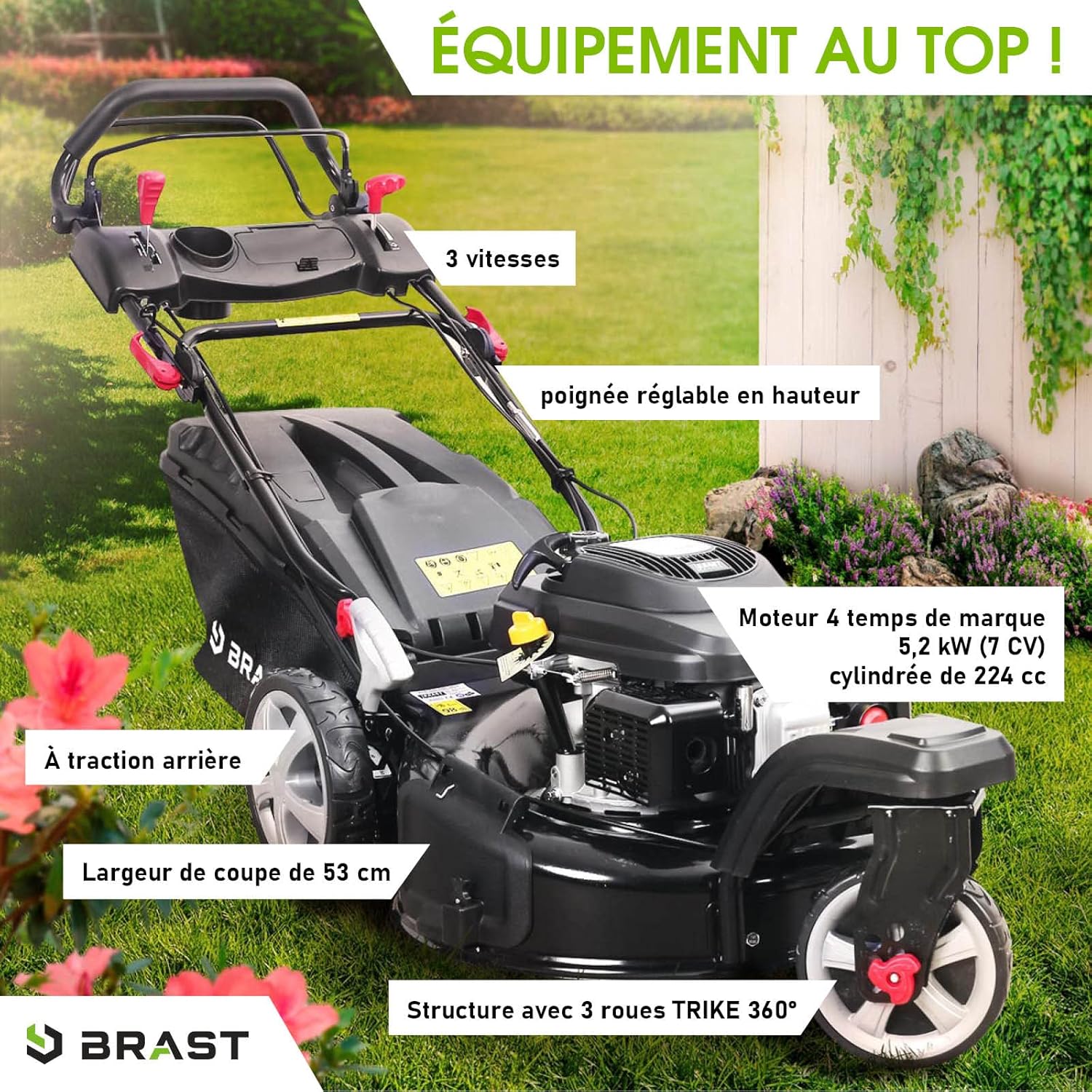 BRAST tondeuse thermique 3 roues TRIKE SPEED 224cc 53cm autotractée vitesse d'entraînement triple réglable mulching 4en1 capot en tôle en acier 60l - tondeuse tractée moteur 4 temps reglable