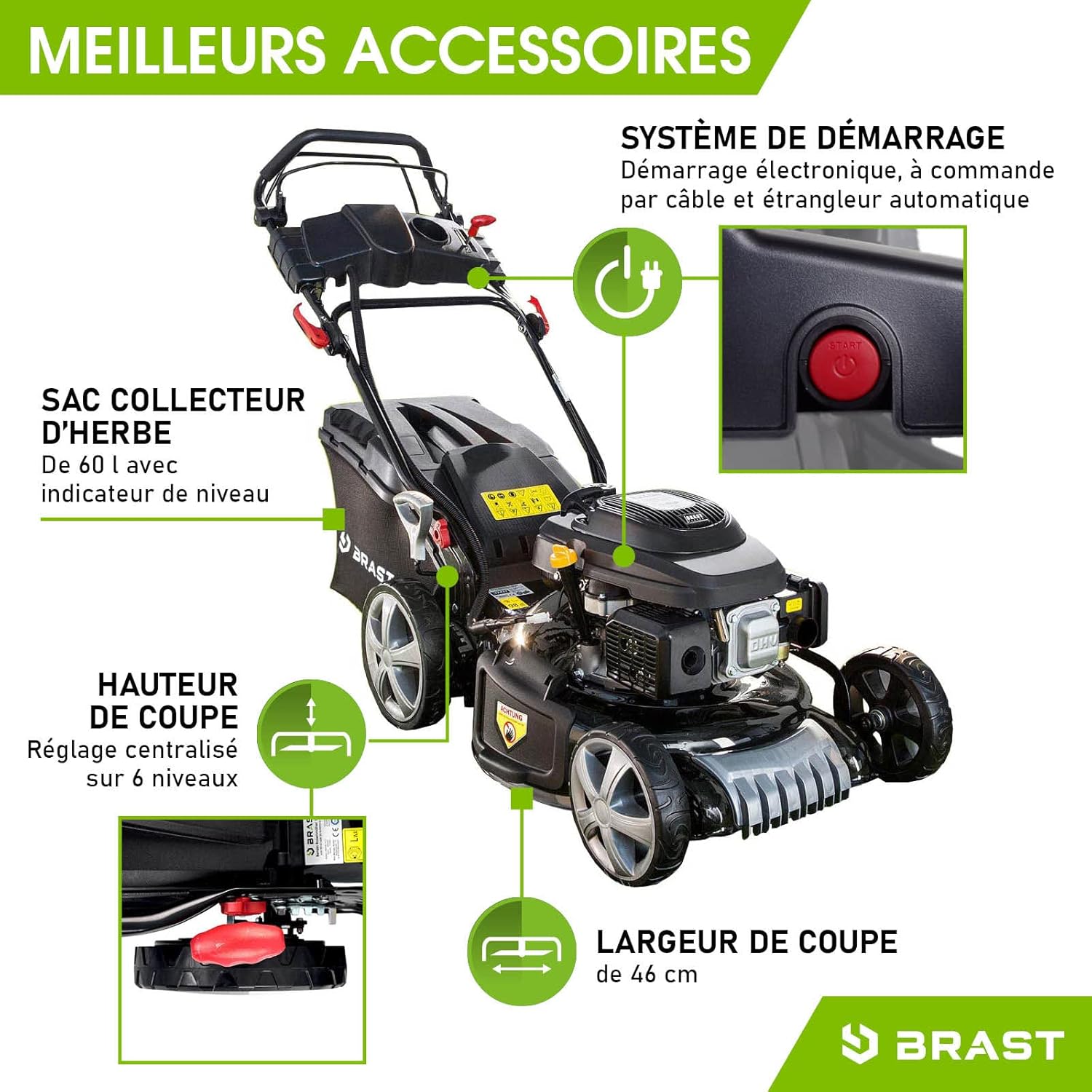 BRAST - Tondeuse thermique ESTART - 46cm, 170cc, tractée, 4en1, démarrage électrique
